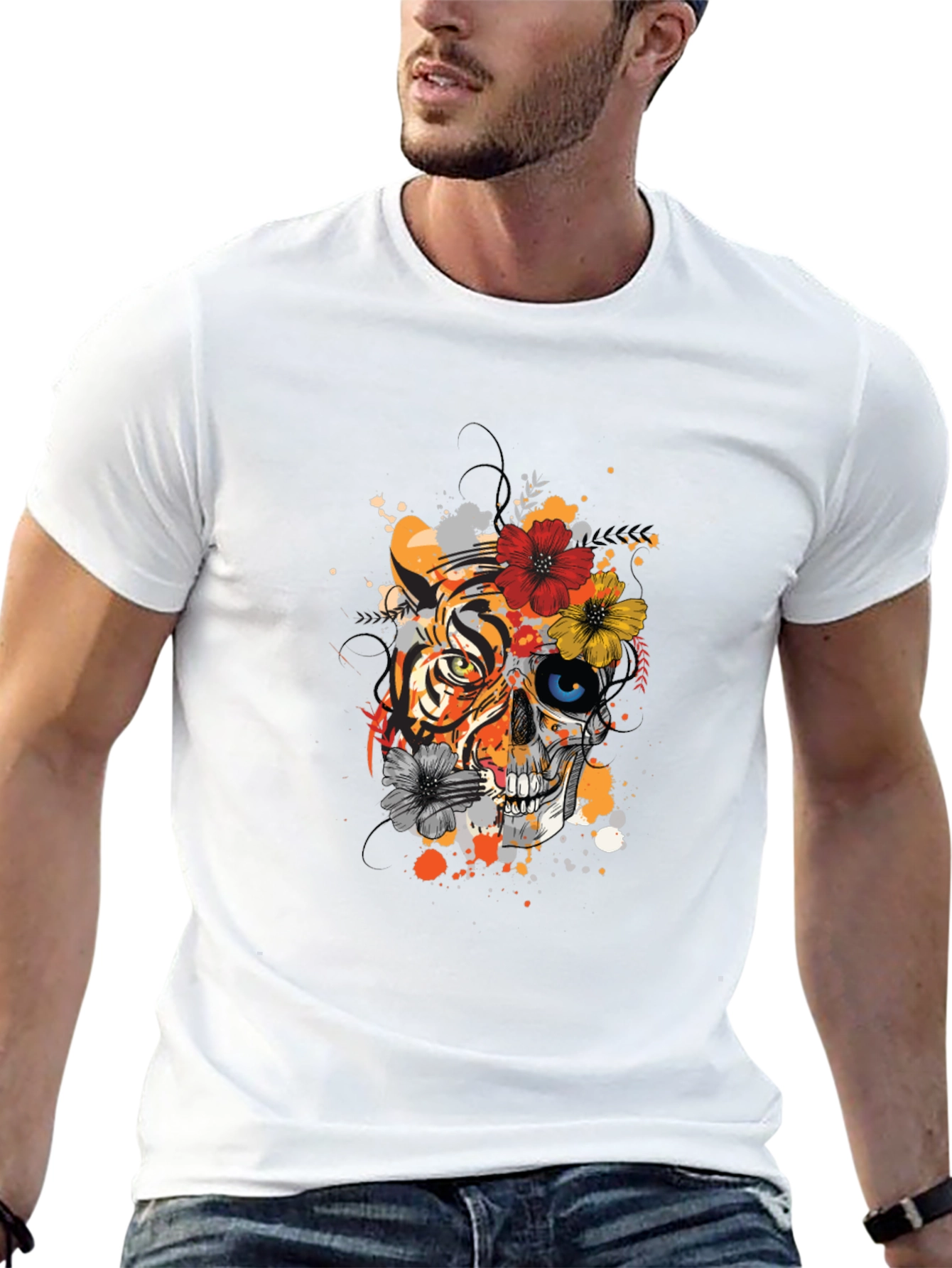 Tiger Skull Floral Print Black T-Shirt