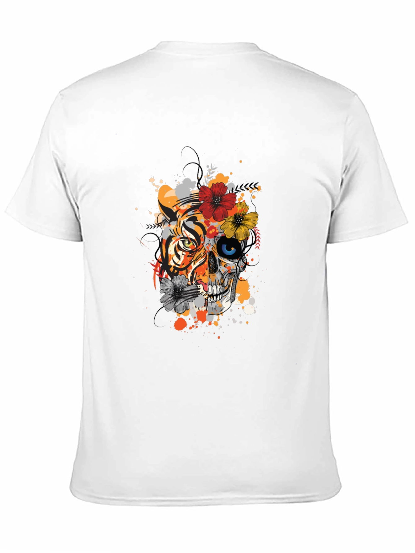 Tiger Skull Floral Print Black T-Shirt