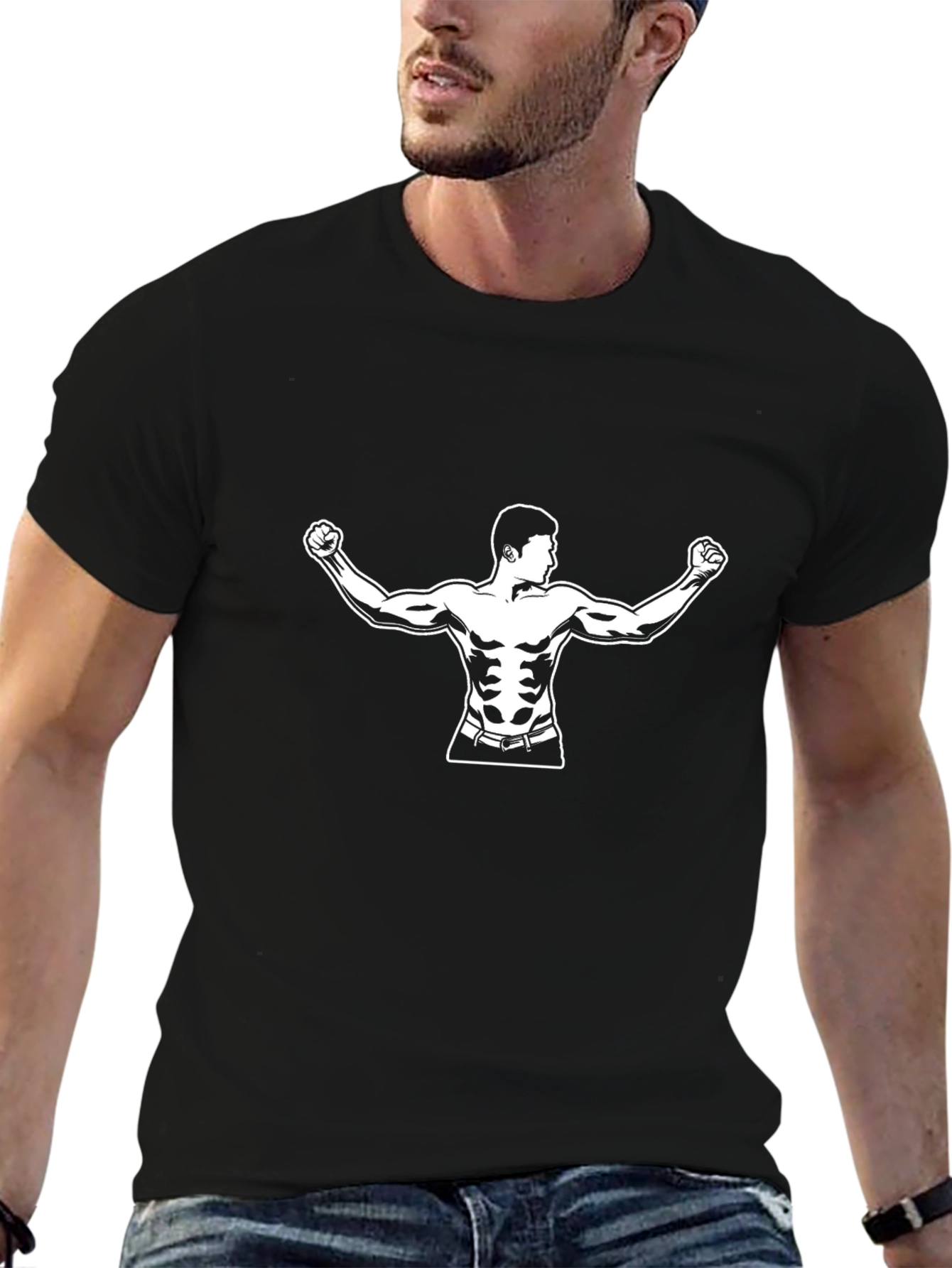 Graphic Print Muscle Man Black T-Shirt