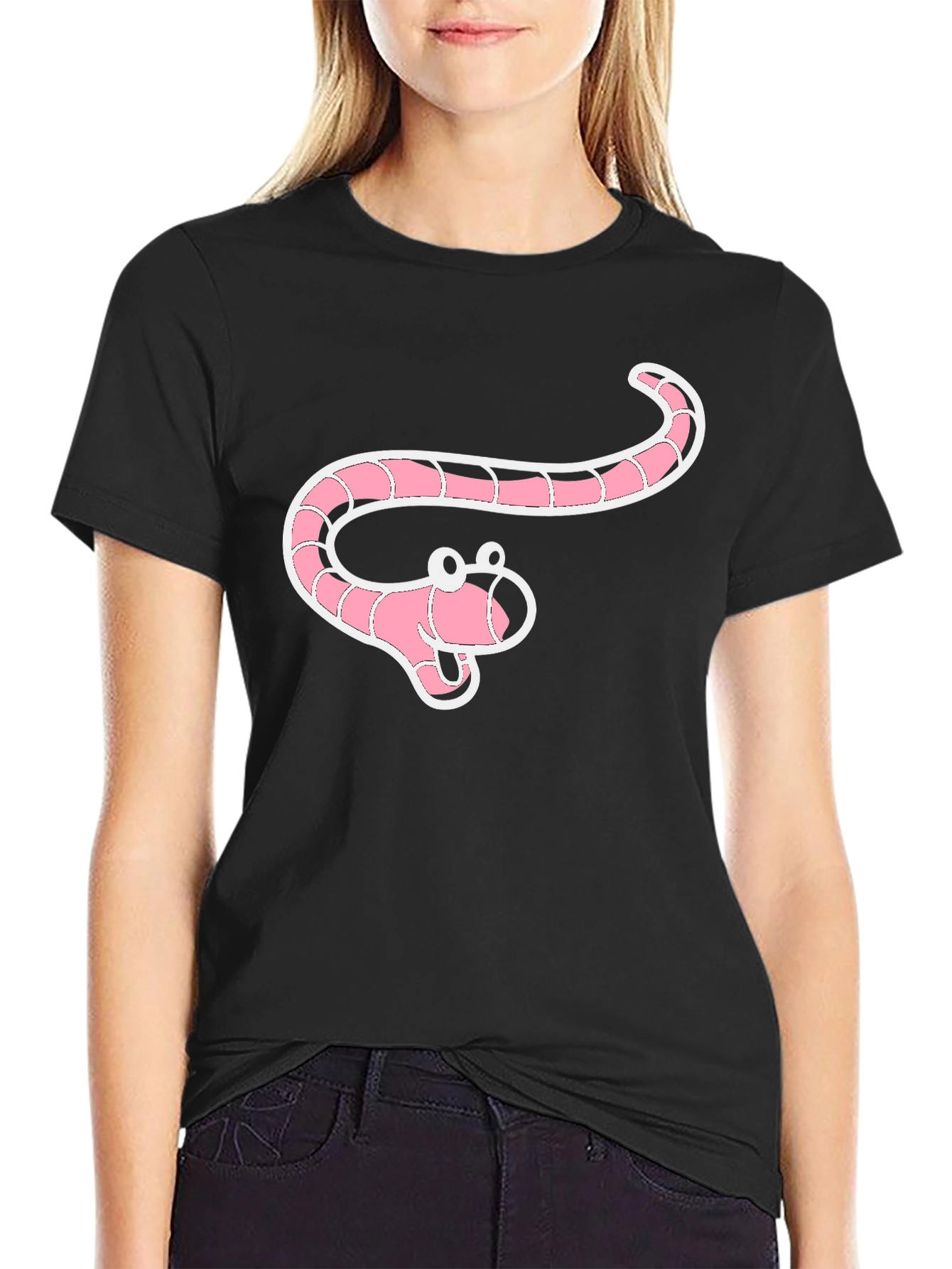 Cartoon Worm Graphic Black T-Shirt