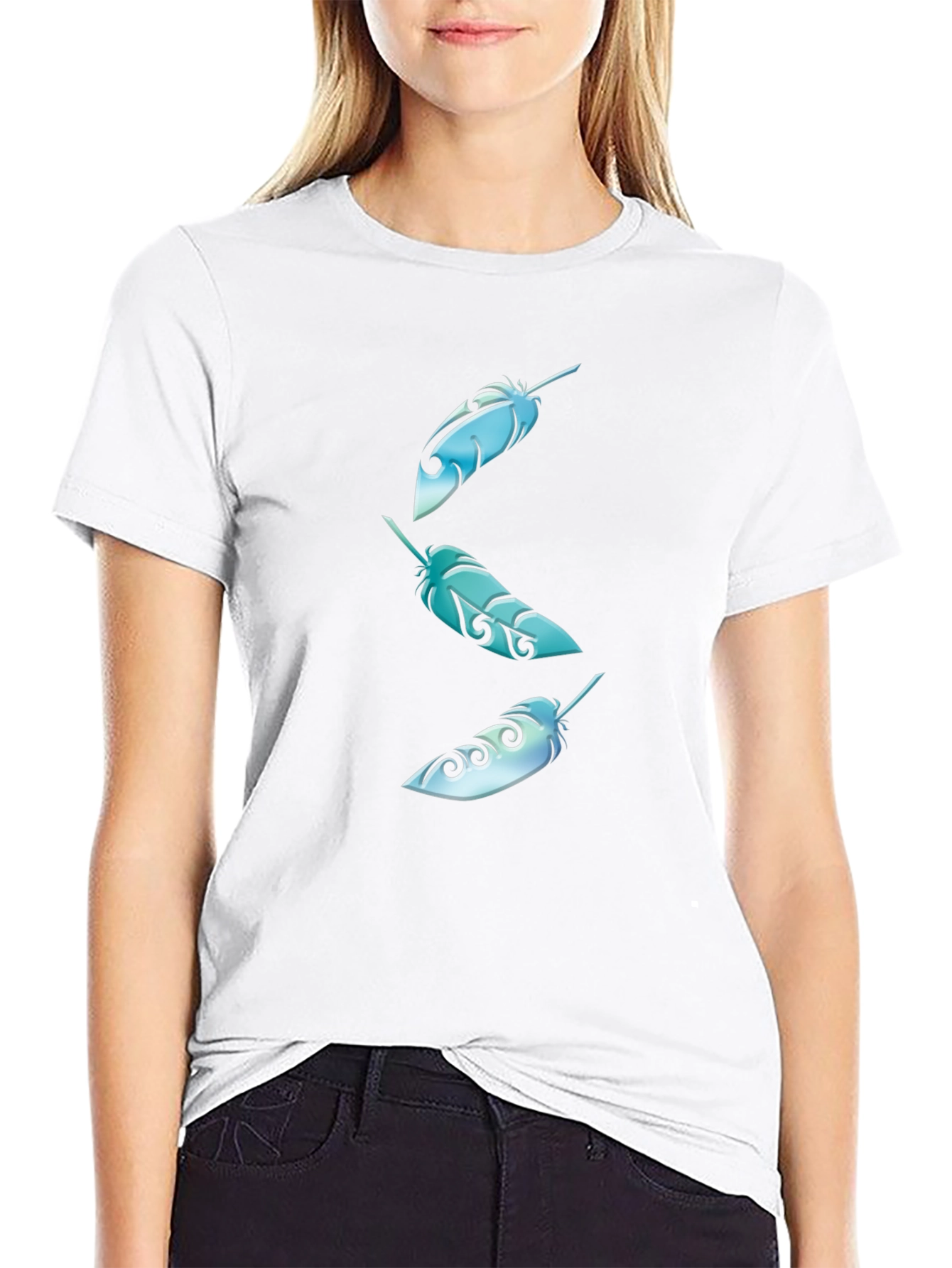Feather Graphic Print Black Crew Neck T-Shirt