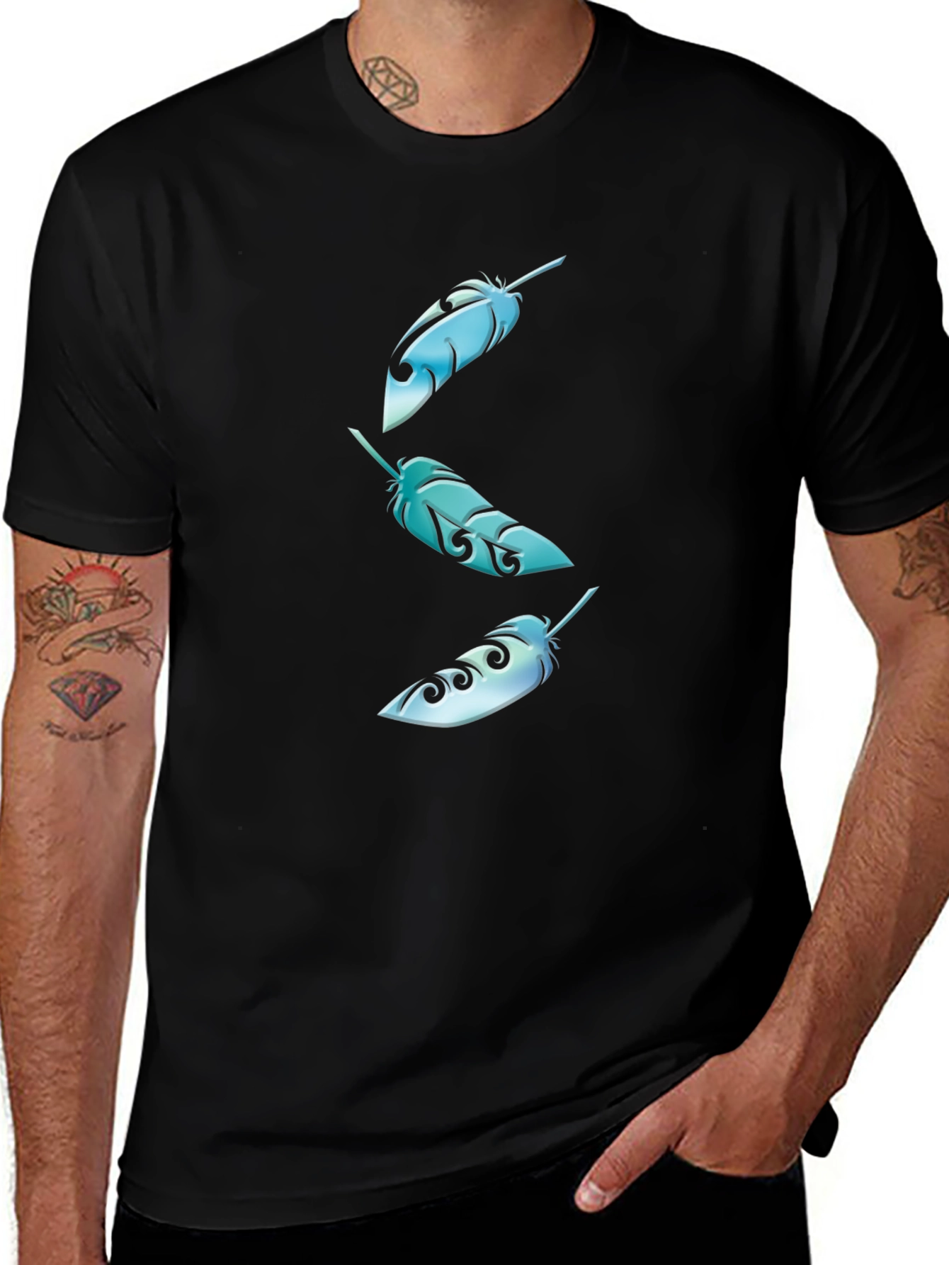 Feather Graphic Print Black Crew Neck T-Shirt