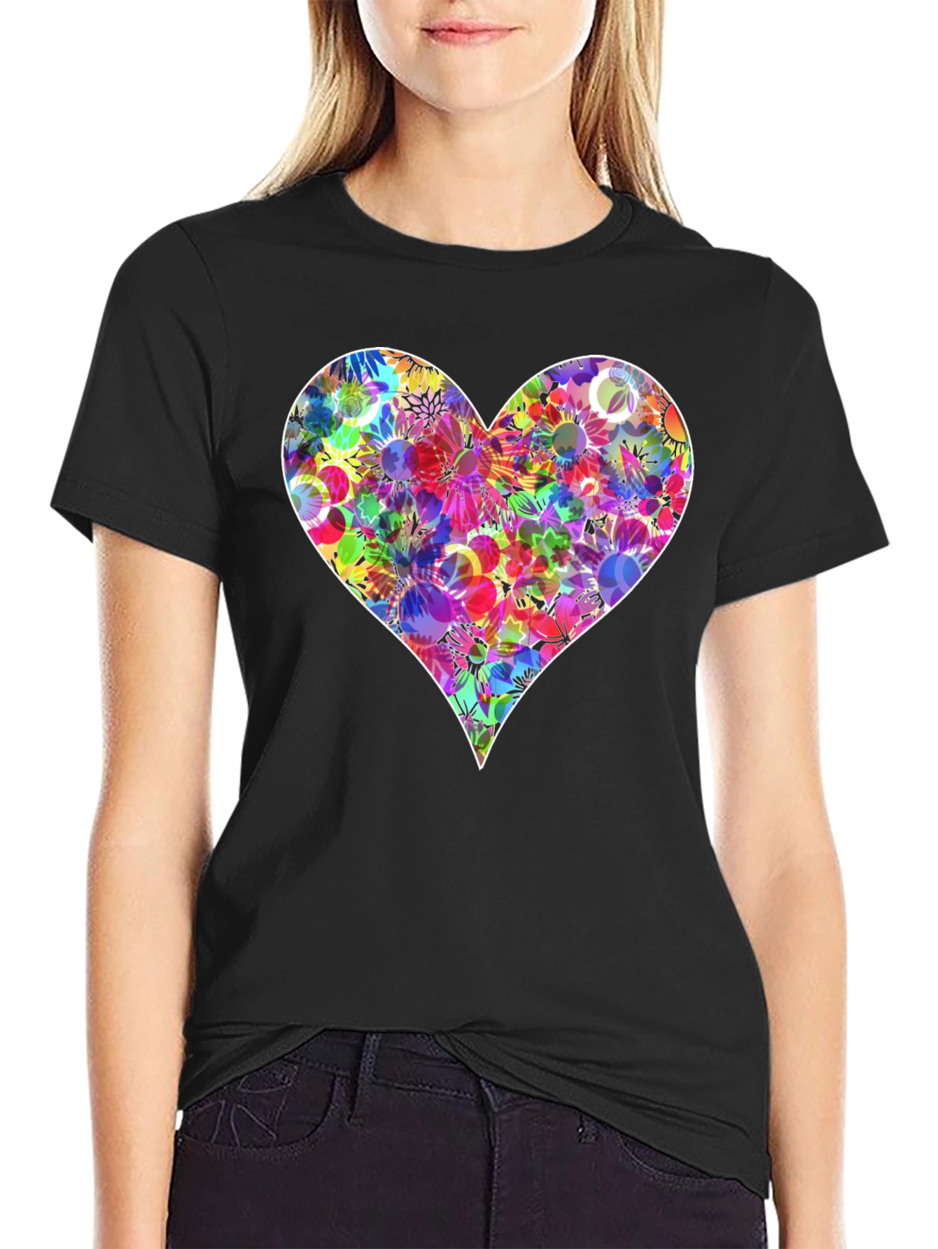 Floral Heart Graphic T-Shirt - Stylish Black Tee
