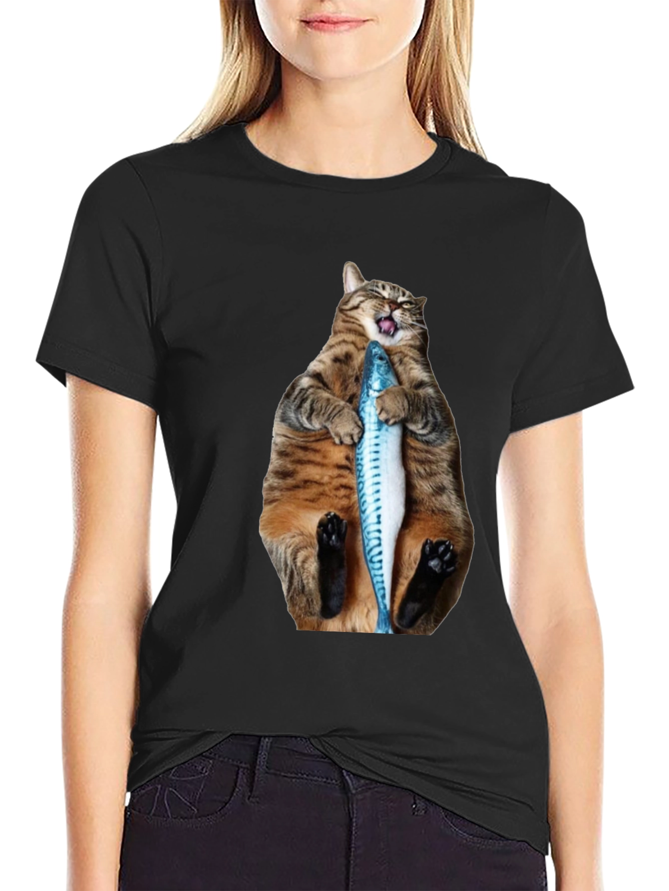 Funny Cat Holding Fish Graphic Tee