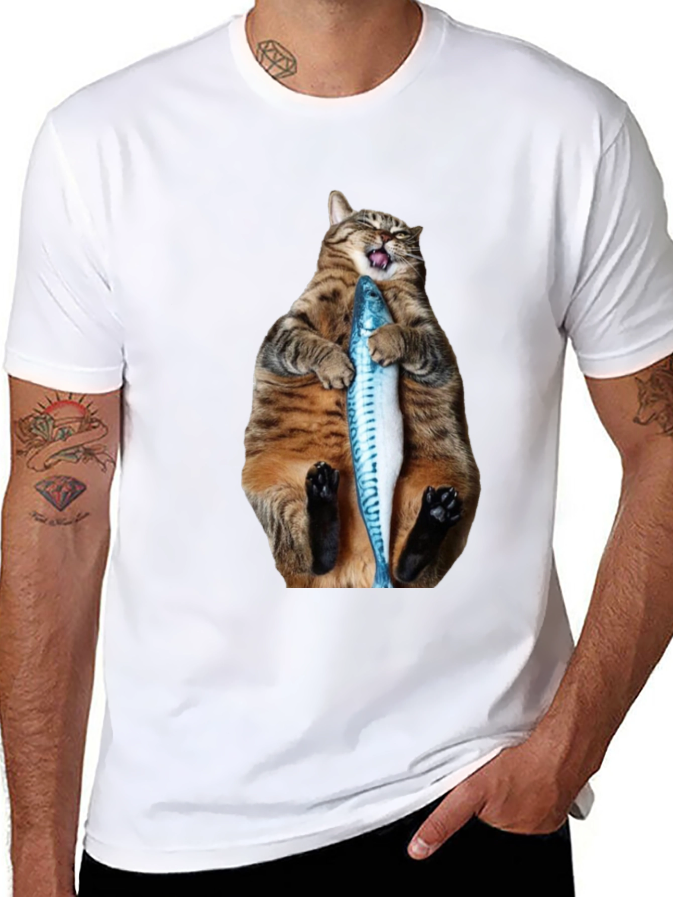 Funny Cat Holding Fish Graphic Tee