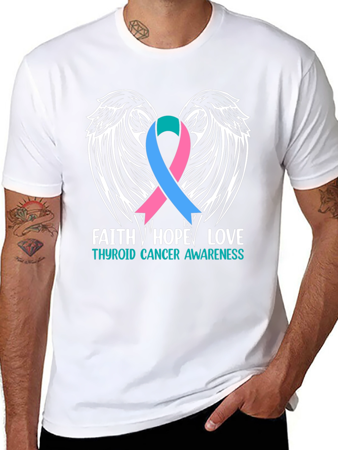 Thyroid Cancer Awareness T-Shirt Faith Hope Love Wings