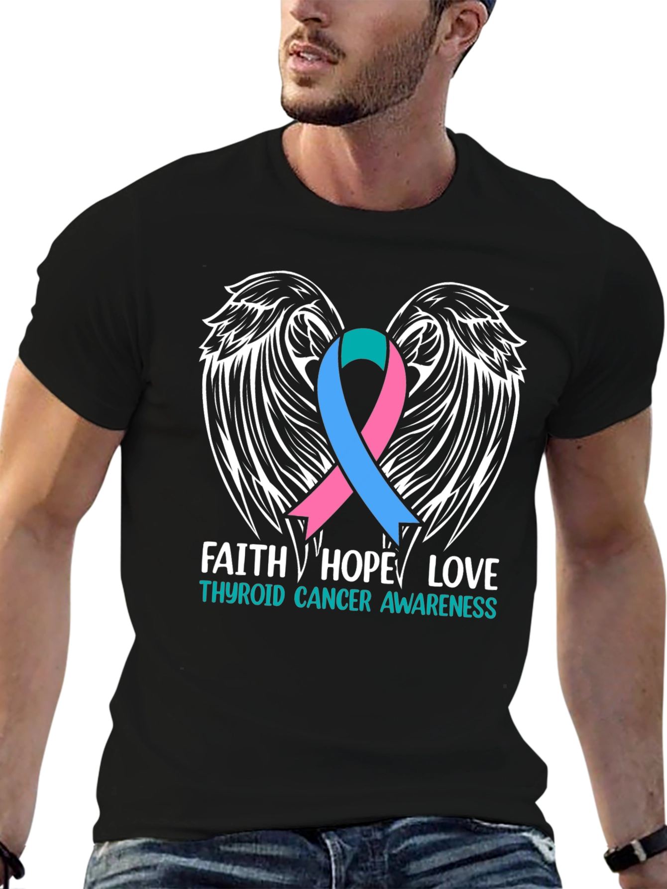 Thyroid Cancer Awareness T-Shirt Faith Hope Love Wings