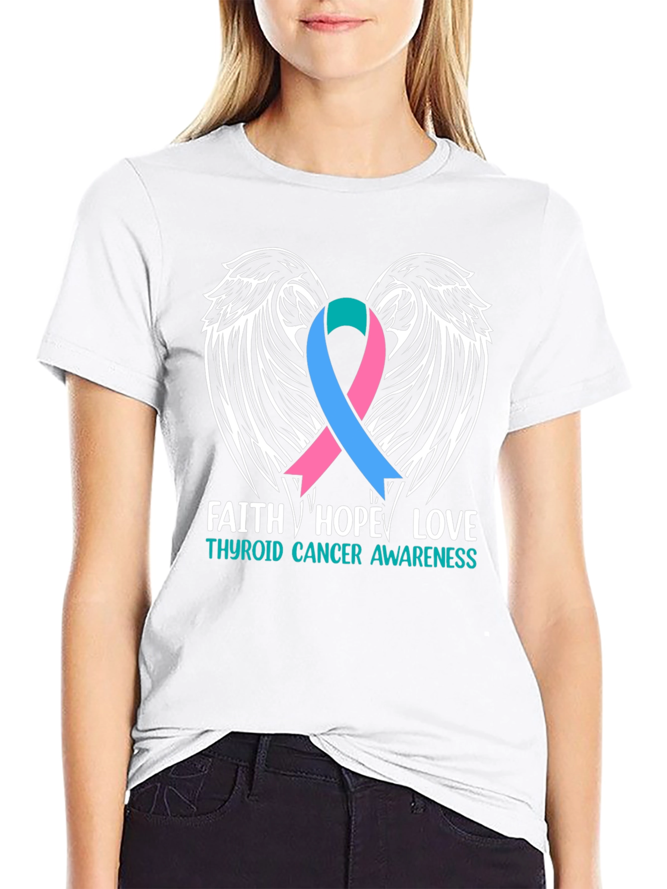 Thyroid Cancer Awareness T-Shirt Faith Hope Love Wings