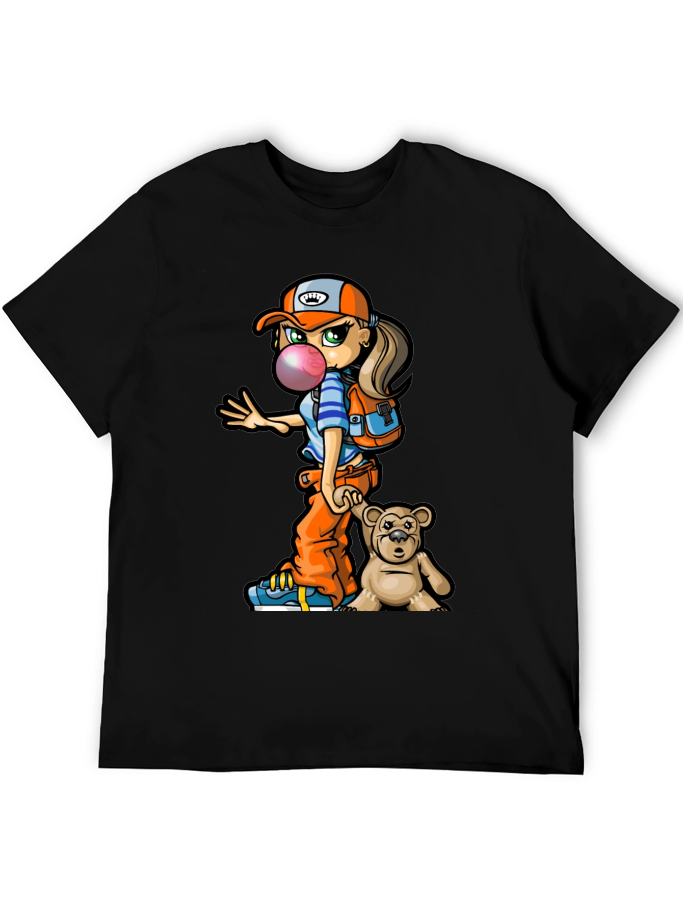 Cartoon Girl with Teddy Bear Graphic T-Shirt