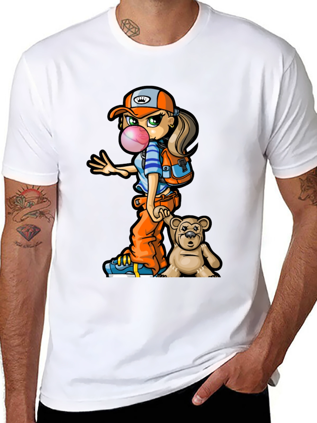 Cartoon Girl with Teddy Bear Graphic T-Shirt