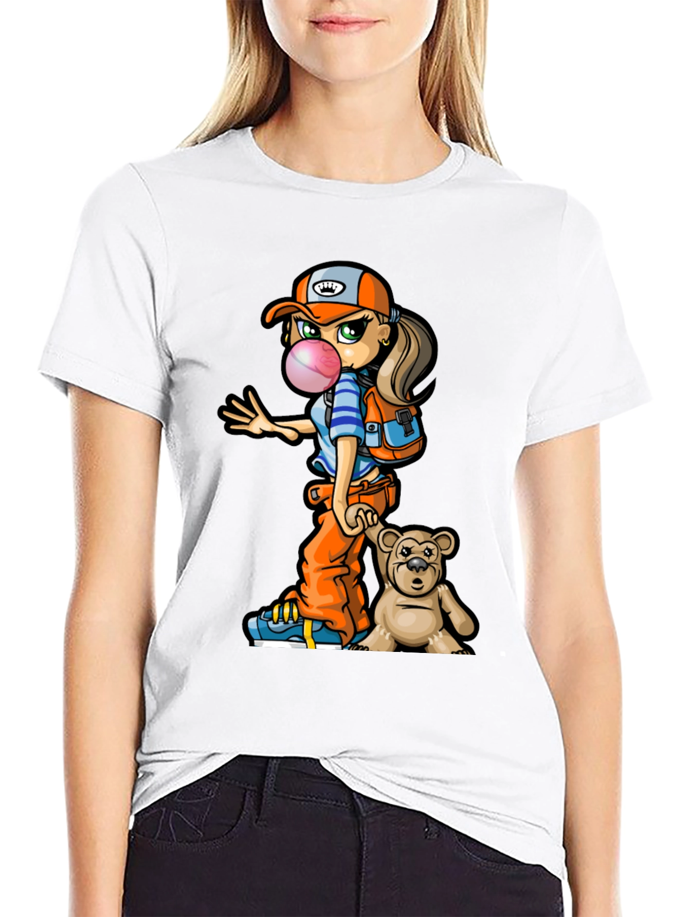 Cartoon Girl with Teddy Bear Graphic T-Shirt