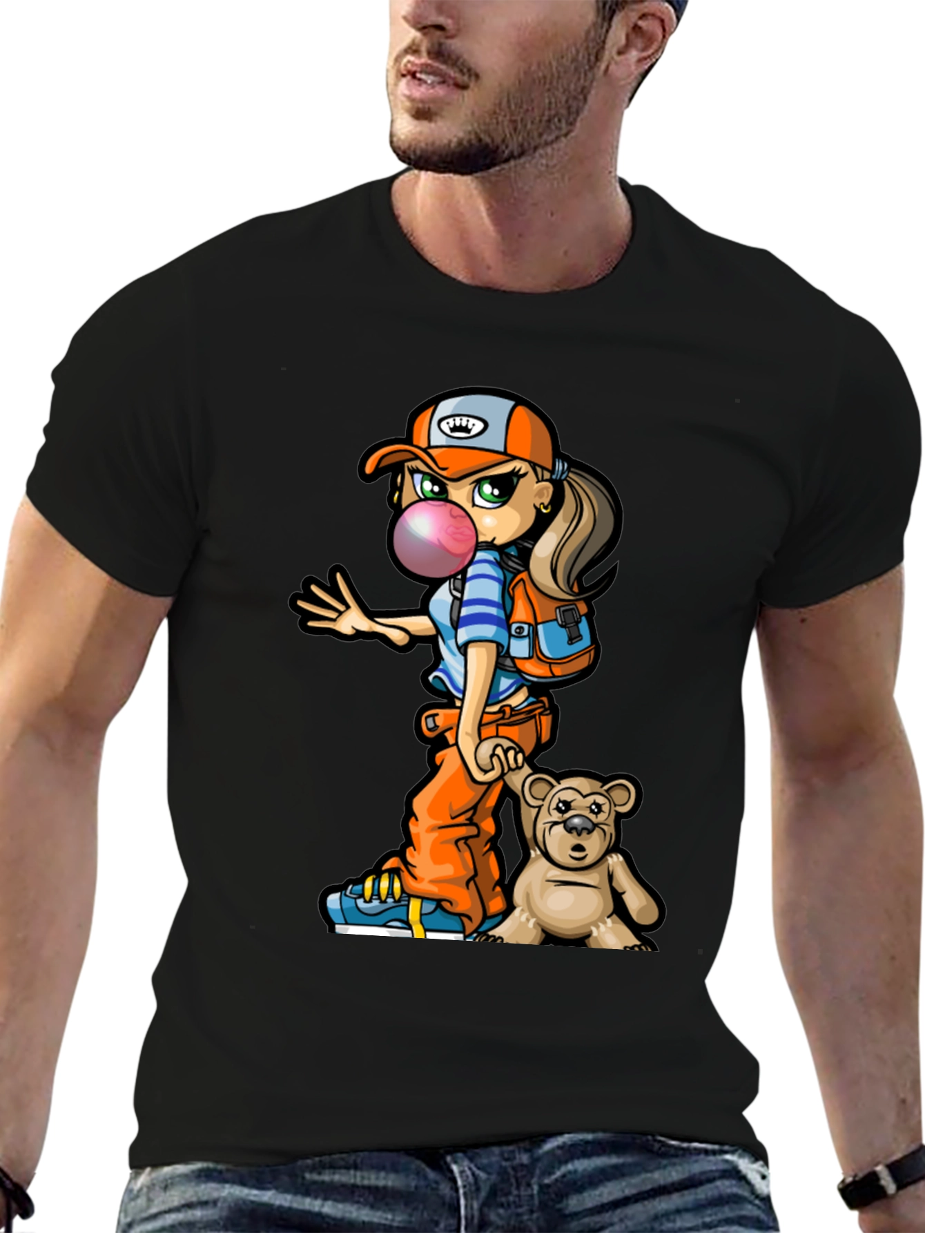 Cartoon Girl with Teddy Bear Graphic T-Shirt