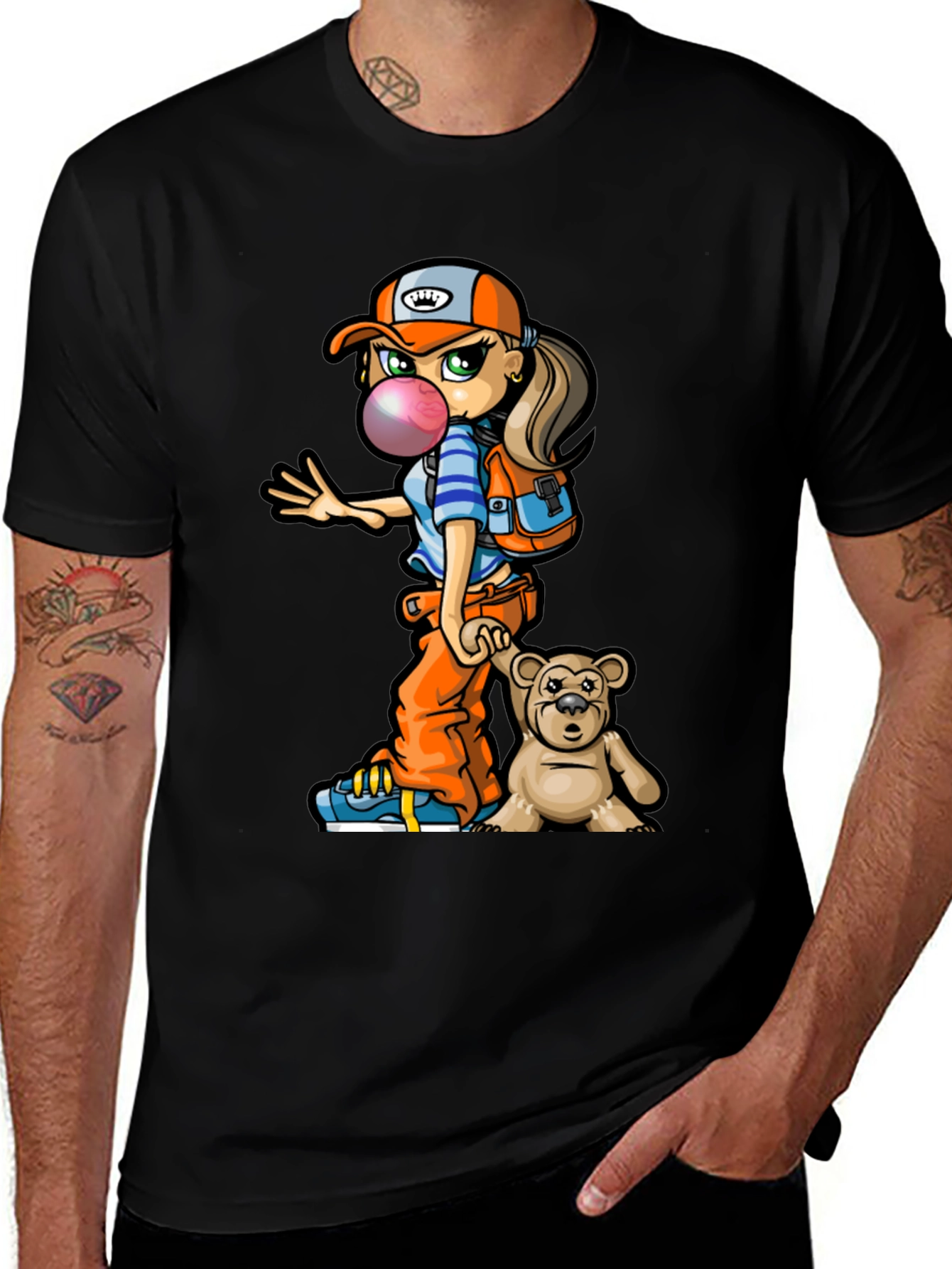 Cartoon Girl with Teddy Bear Graphic T-Shirt