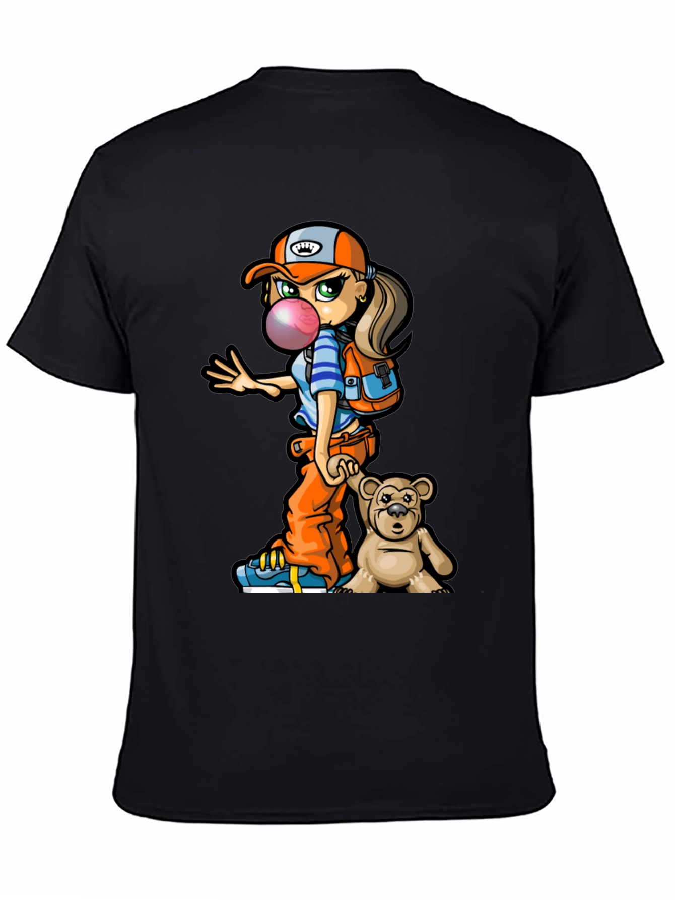 Cartoon Girl with Teddy Bear Graphic T-Shirt