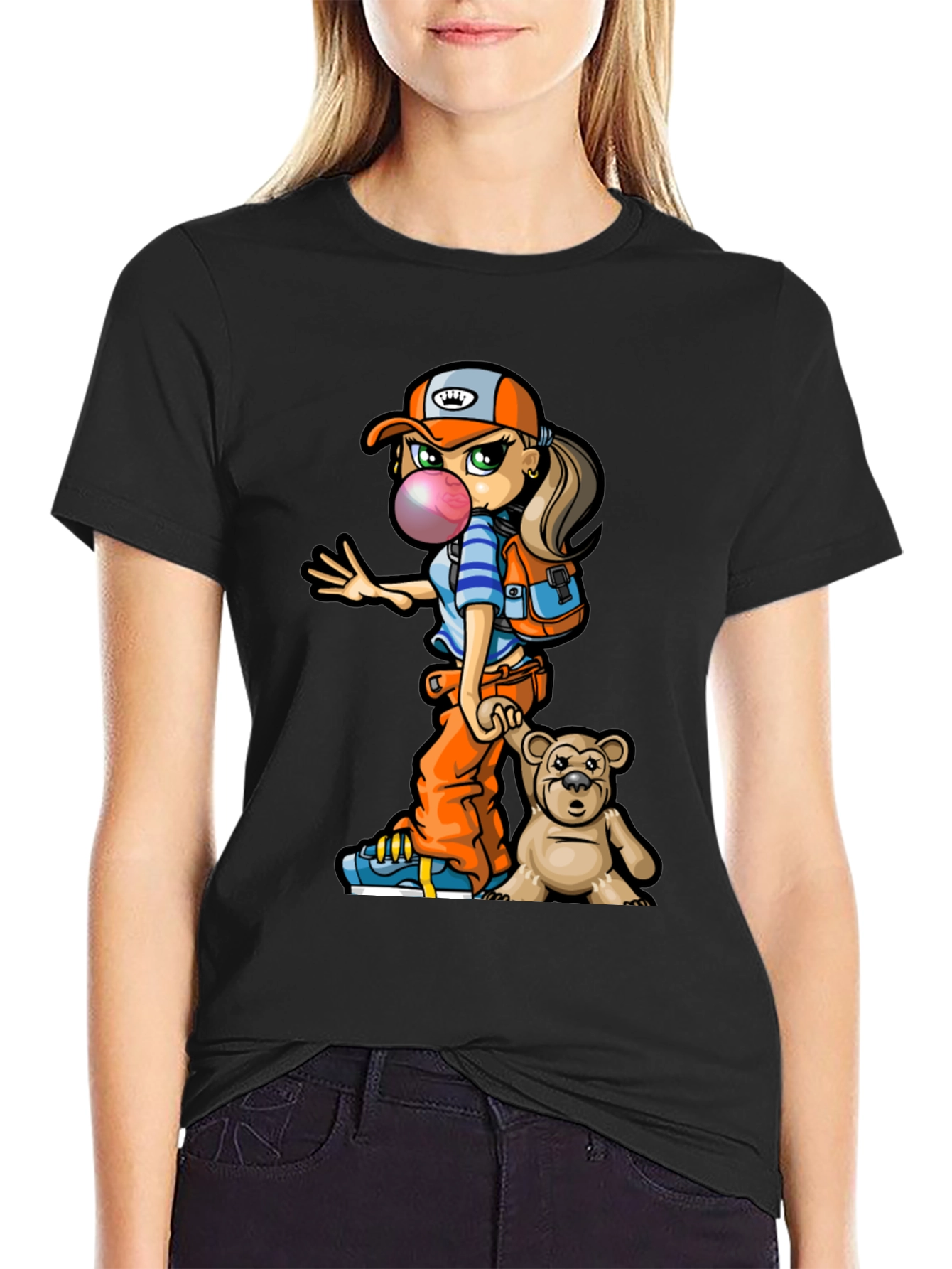 Cartoon Girl with Teddy Bear Graphic T-Shirt