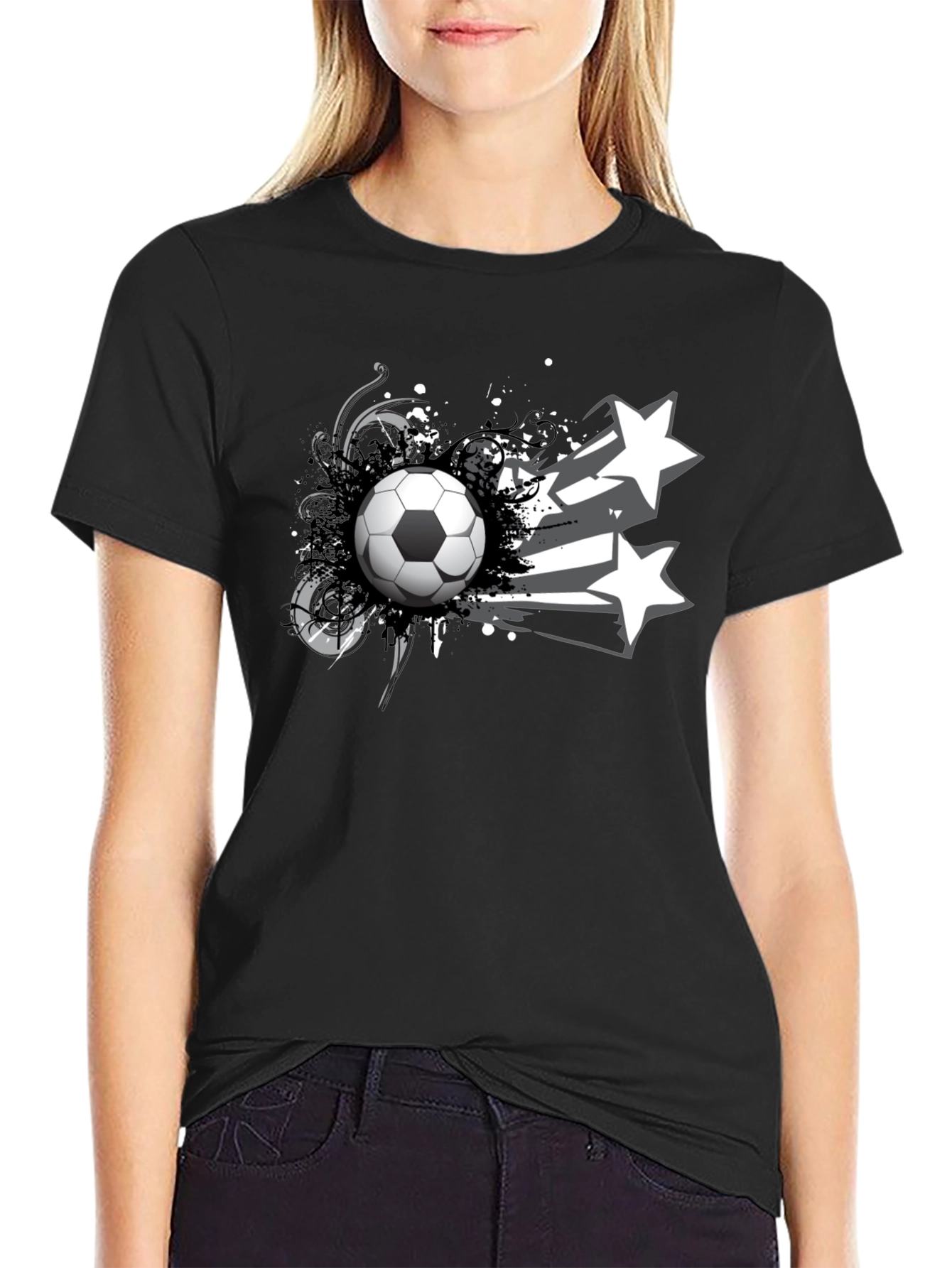 Soccer Ball & Stars Graphic Black T-Shirt