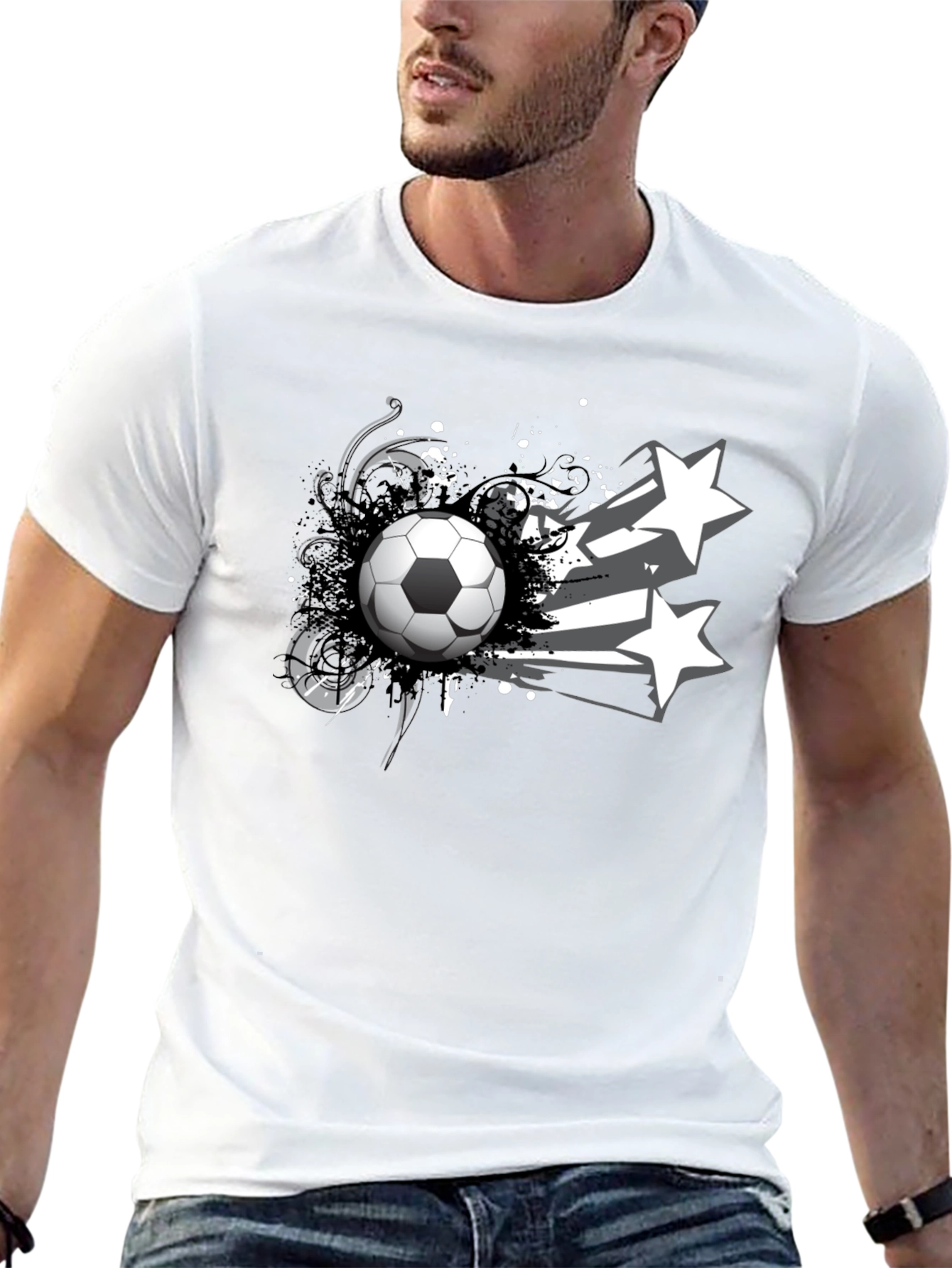Soccer Ball & Stars Graphic Black T-Shirt