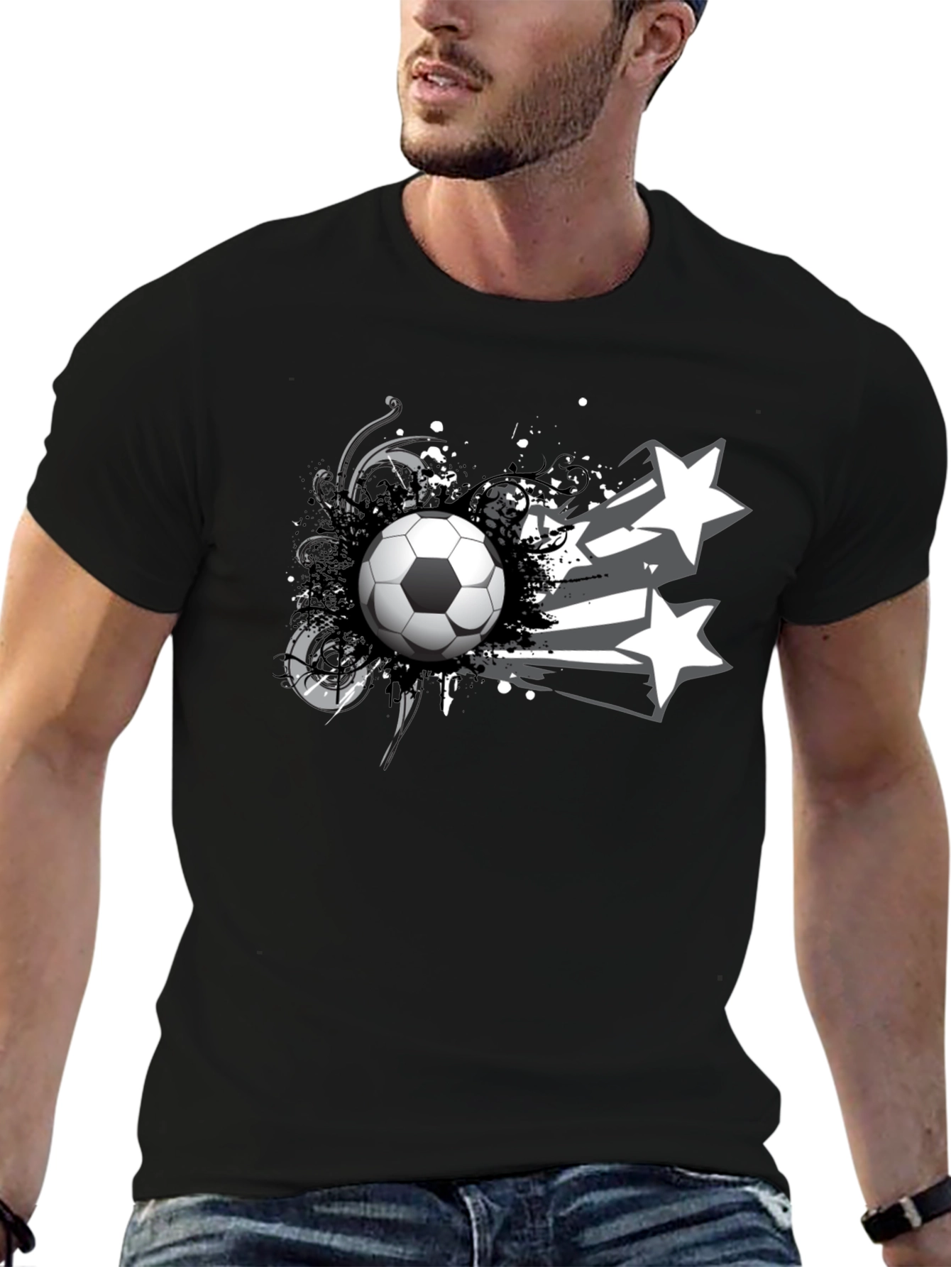 Soccer Ball & Stars Graphic Black T-Shirt