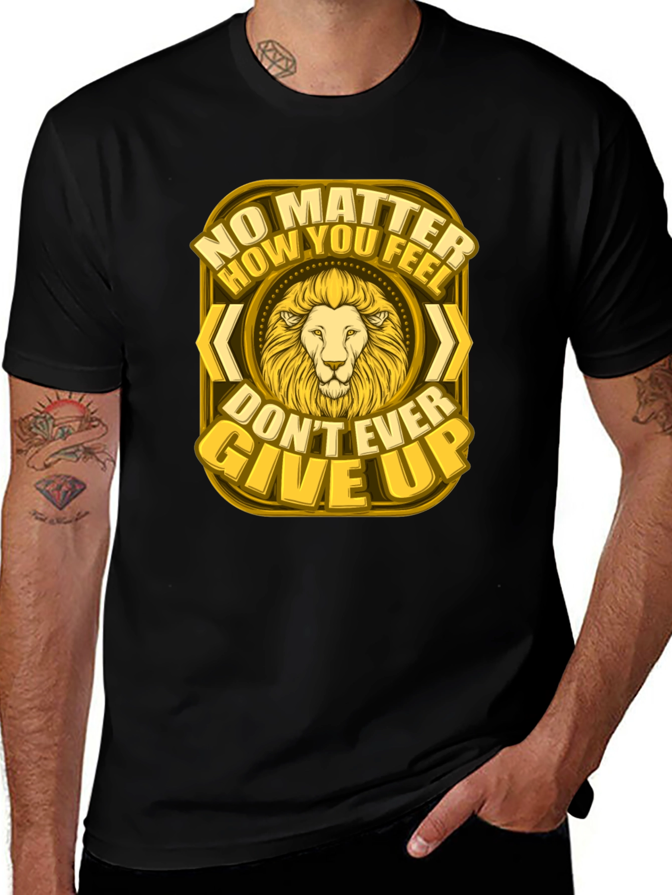 Lion Graphic Tee - Never Give Up Motivational Shirt