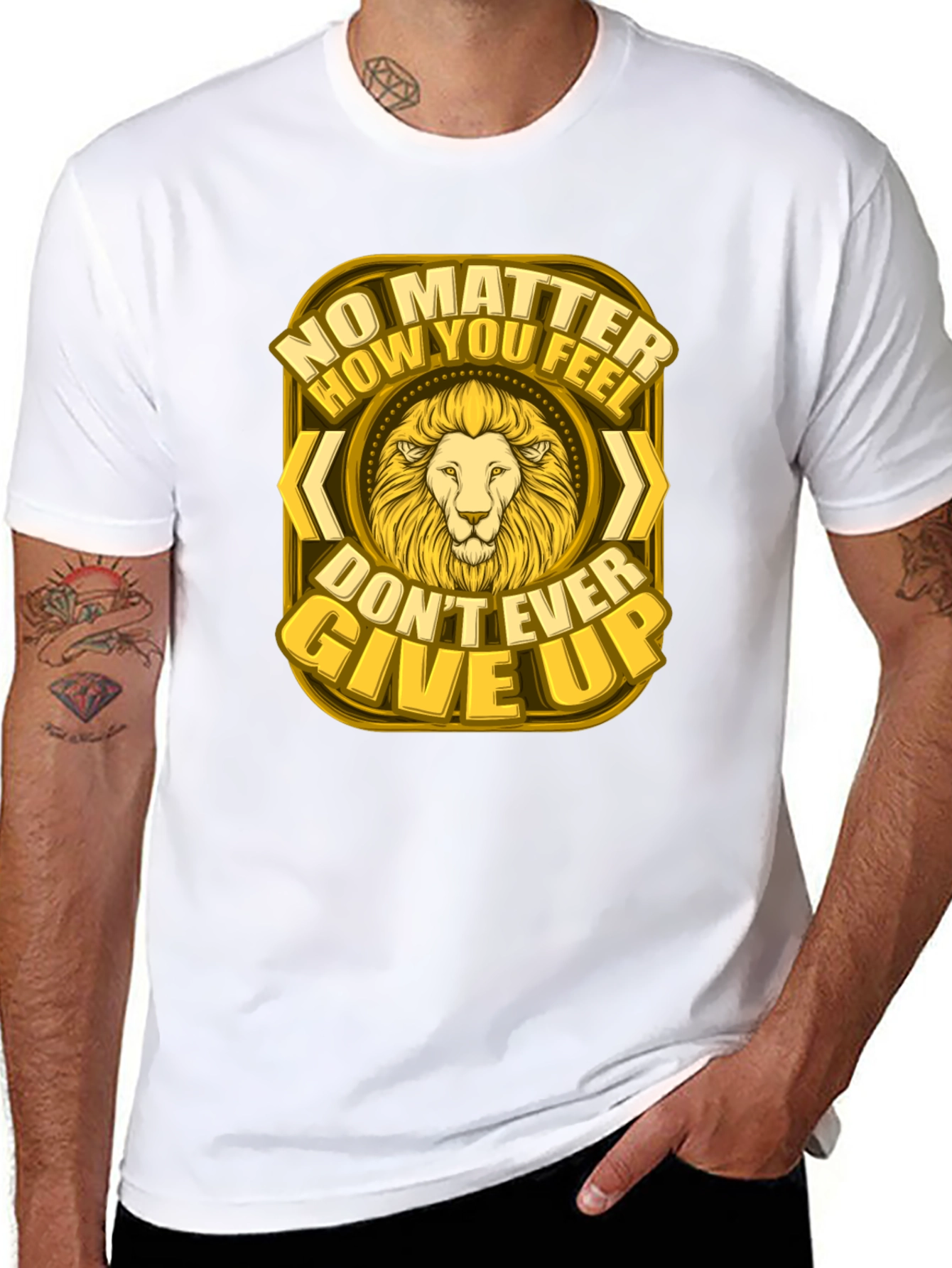 Lion Graphic Tee - Never Give Up Motivational Shirt