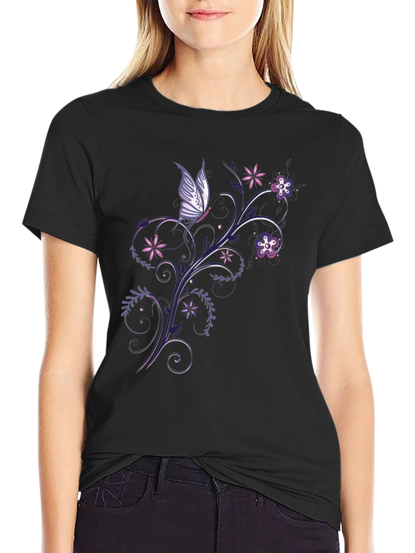 Butterfly Floral Graphic Black T-Shirt