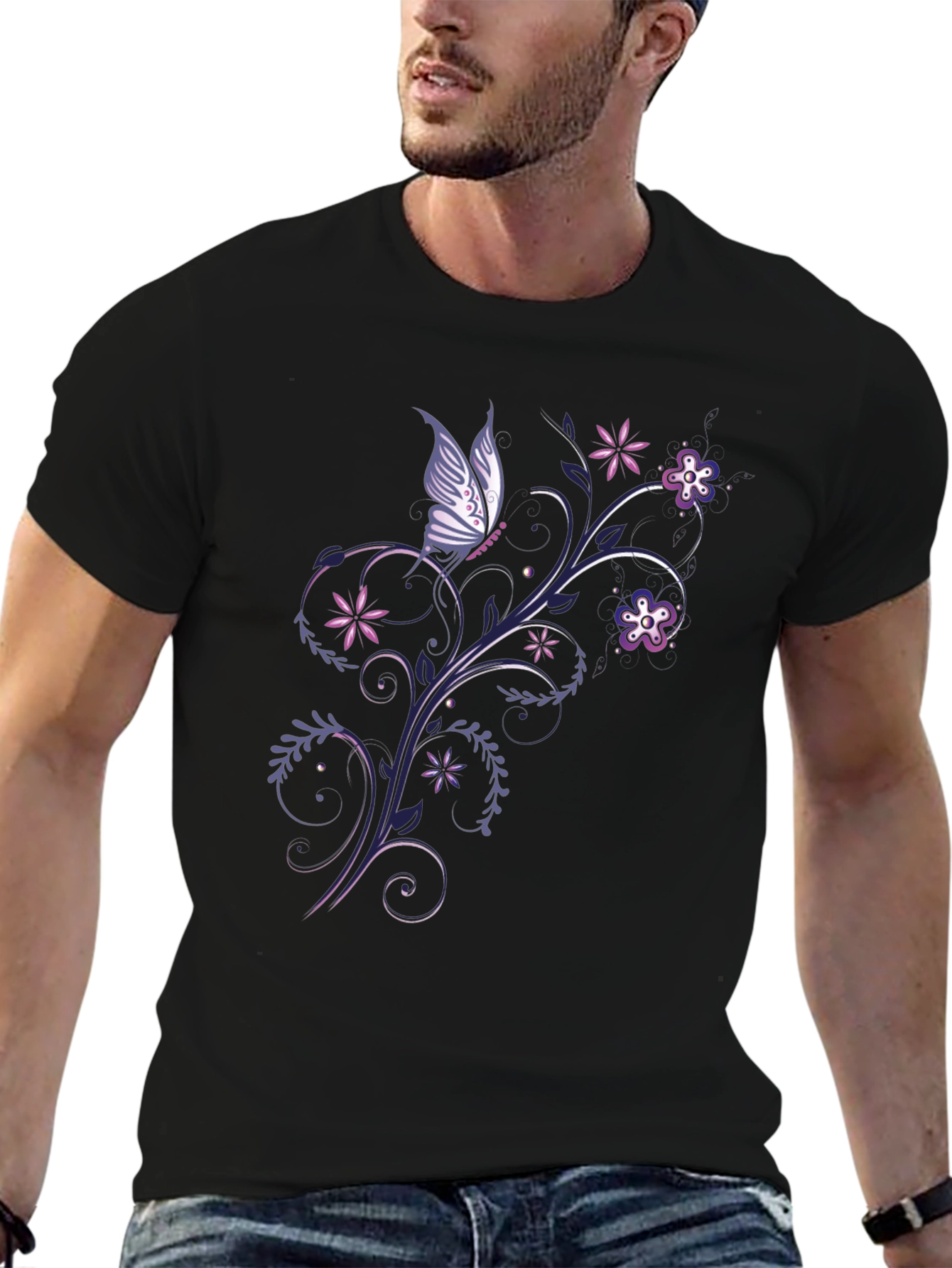 Butterfly Floral Graphic Black T-Shirt