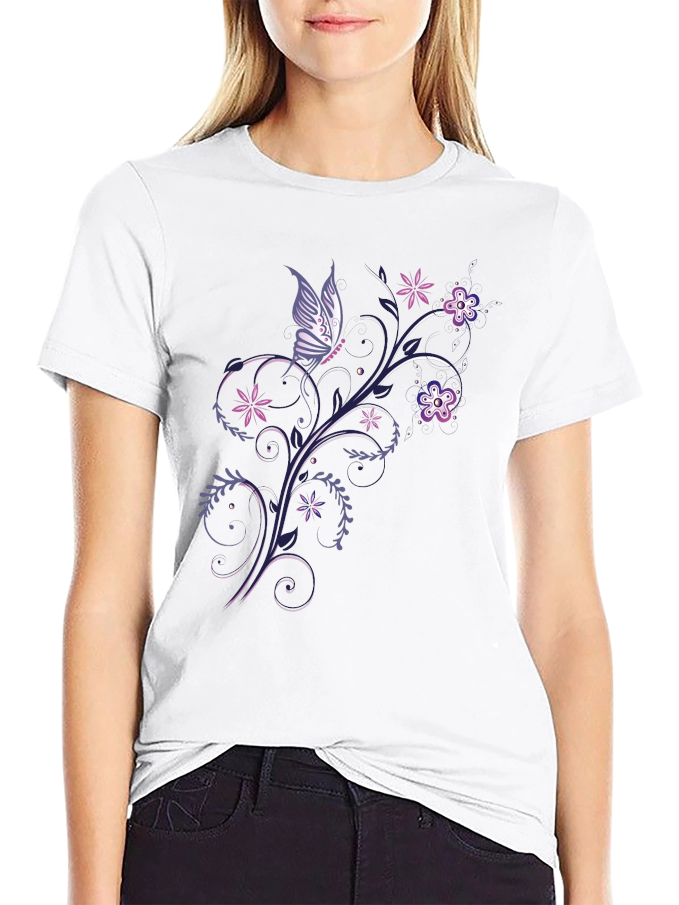 Butterfly Floral Graphic Black T-Shirt