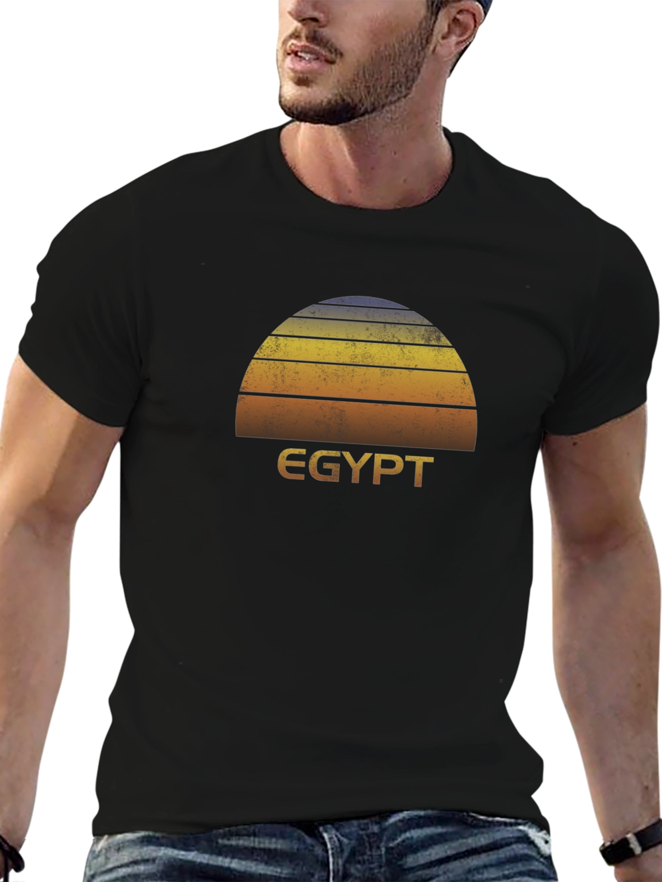 Retro Egypt Sunset Graphic Tee - Black Cotton T-Shirt