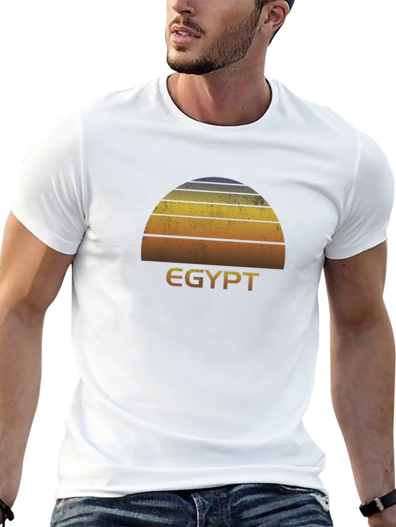 Retro Egypt Sunset Graphic Tee - Black Cotton T-Shirt