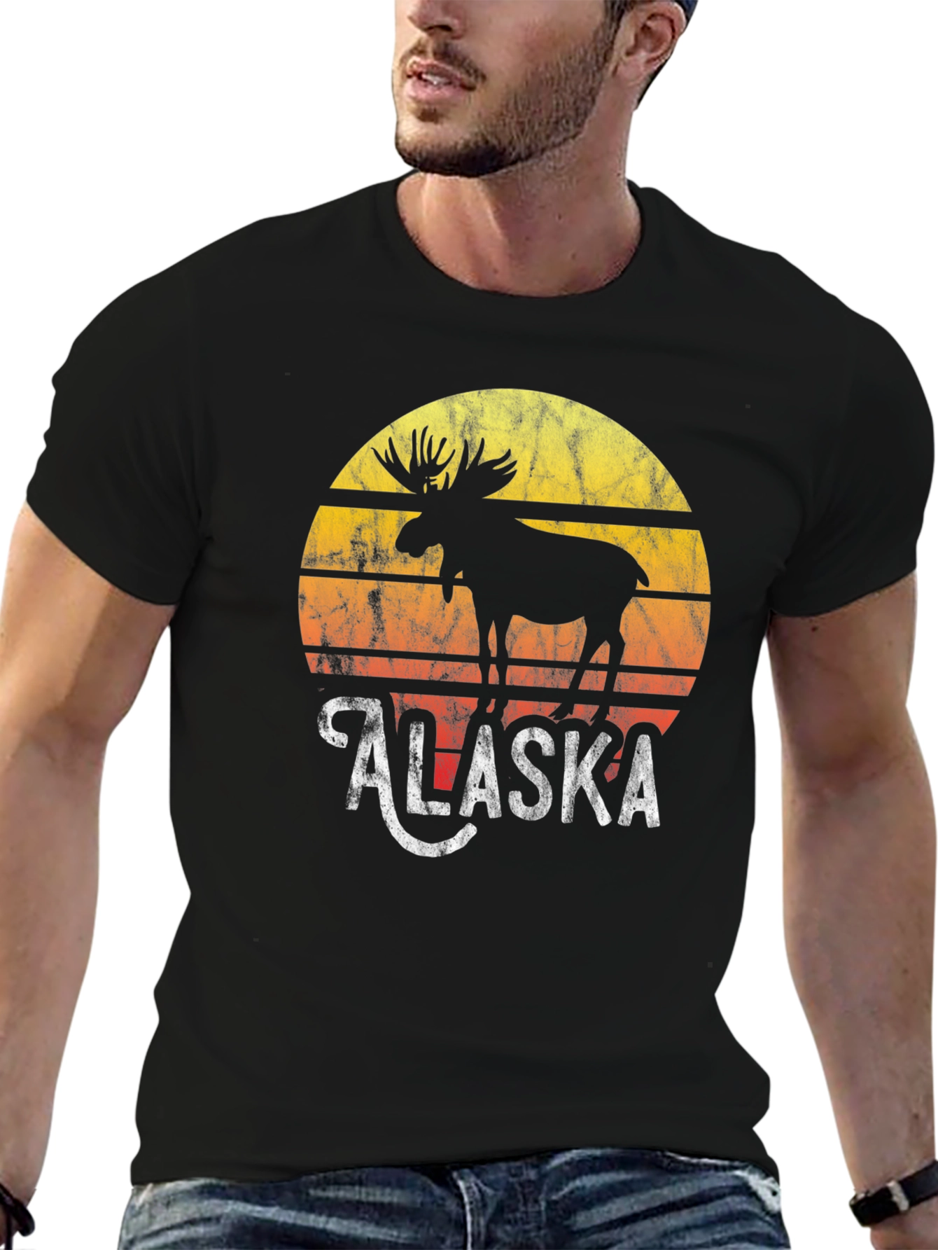 Alaska Moose Graphic Tee - Retro Sunset Design