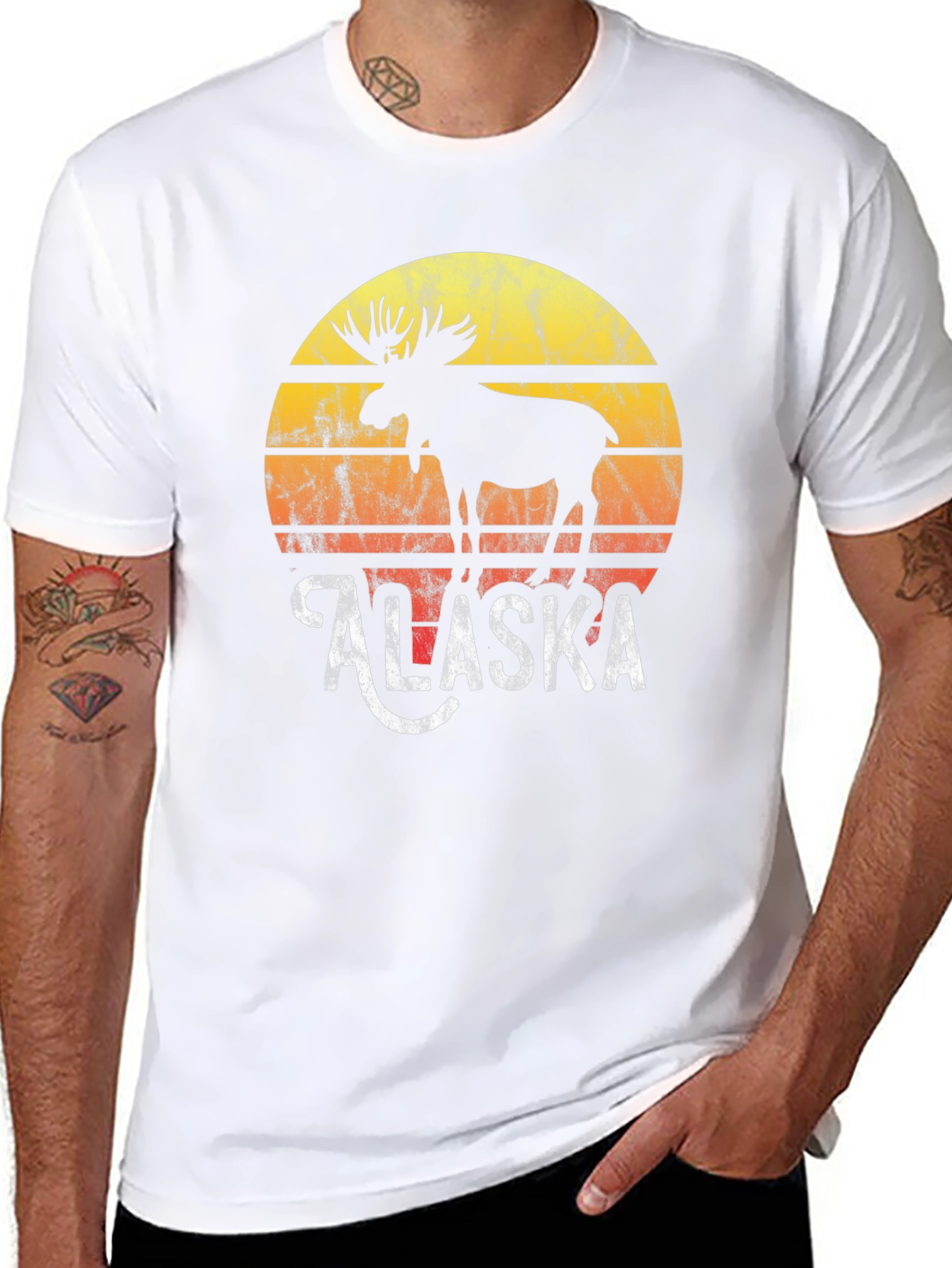 Alaska Moose Graphic Tee - Retro Sunset Design