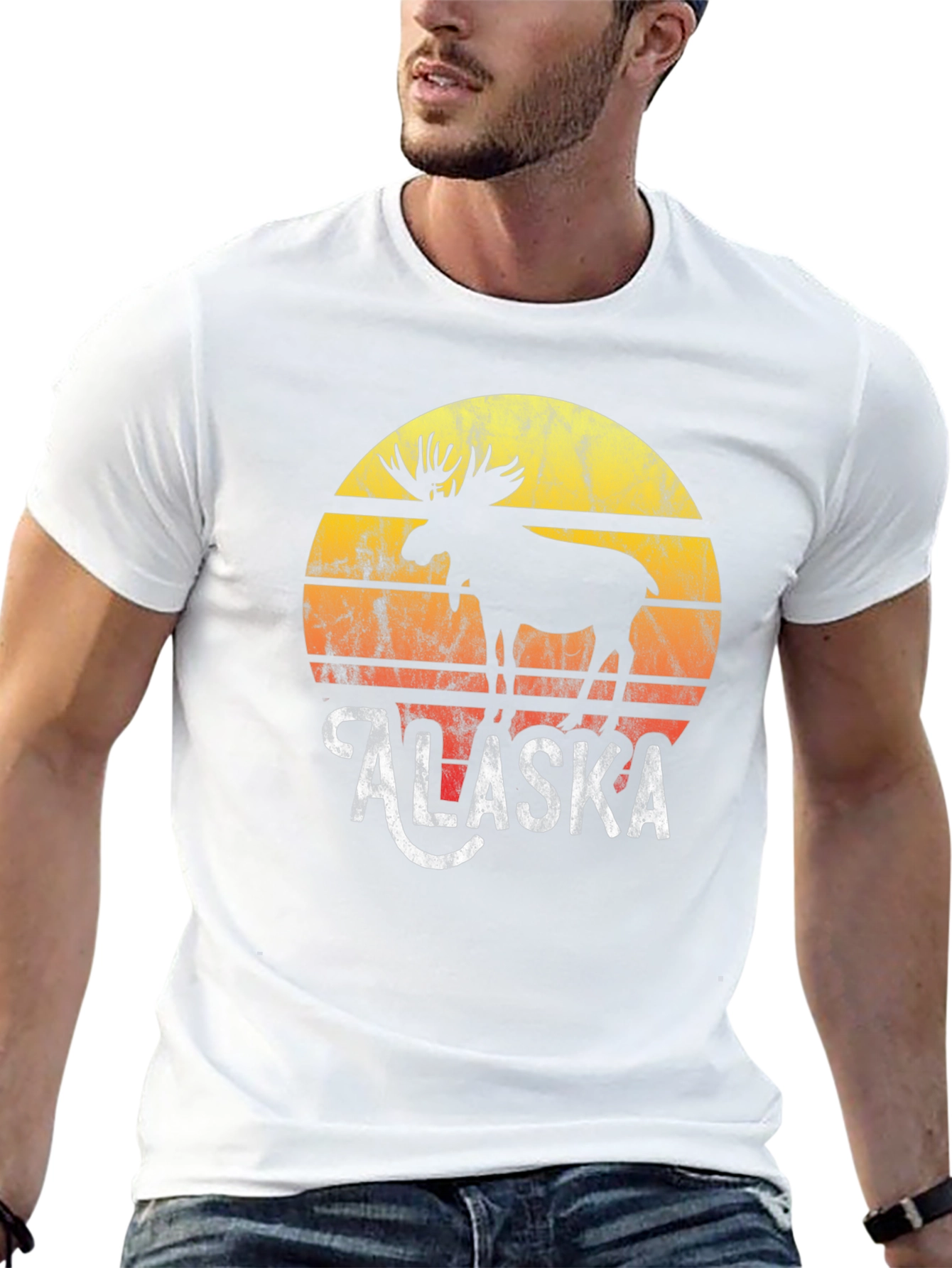 Alaska Moose Graphic Tee - Retro Sunset Design