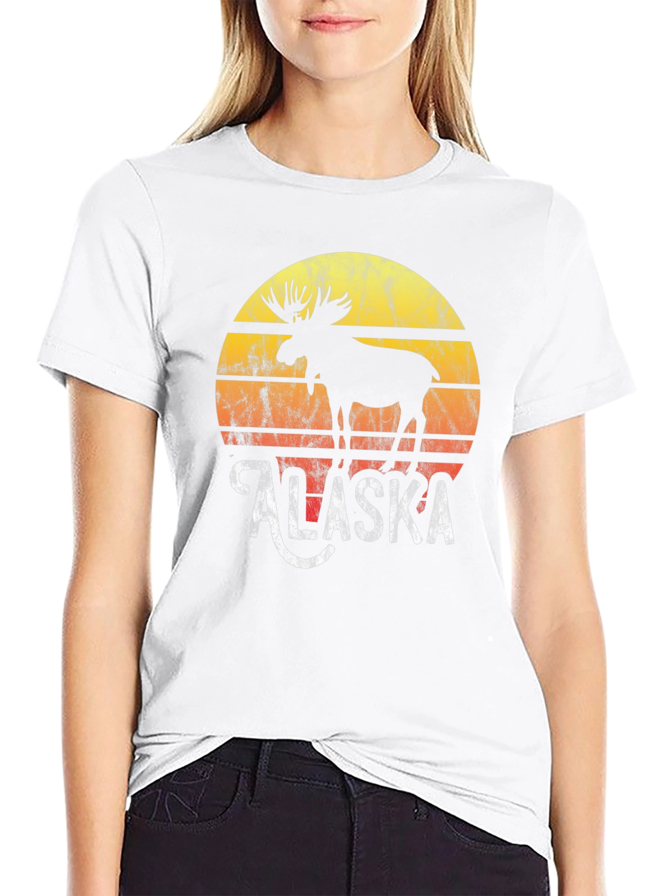 Alaska Moose Graphic Tee - Retro Sunset Design