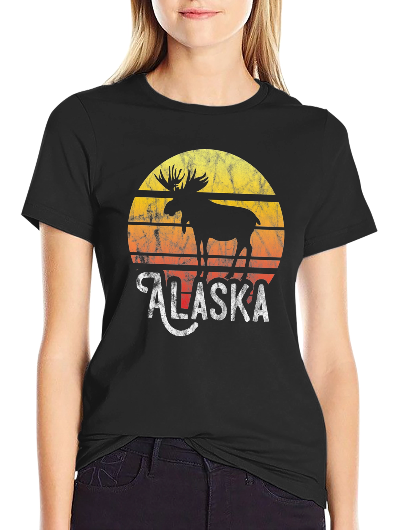 Alaska Moose Graphic Tee - Retro Sunset Design