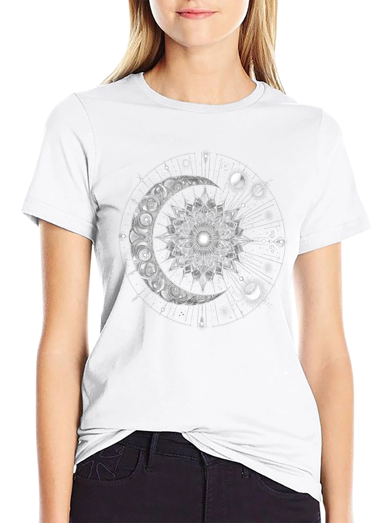 Celestial Moon Mandala Graphic Tee - Black