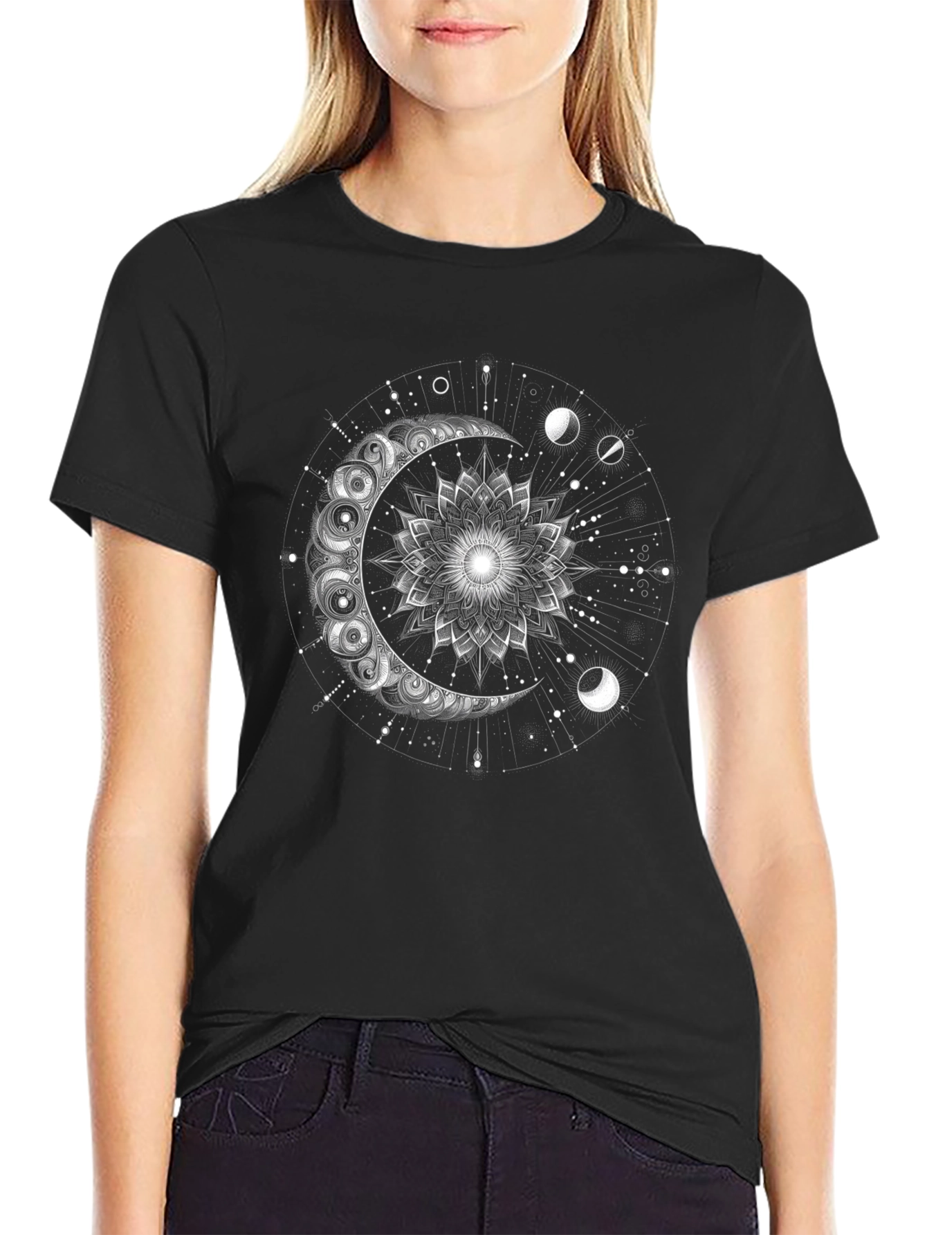 Celestial Moon Mandala Graphic Tee - Black