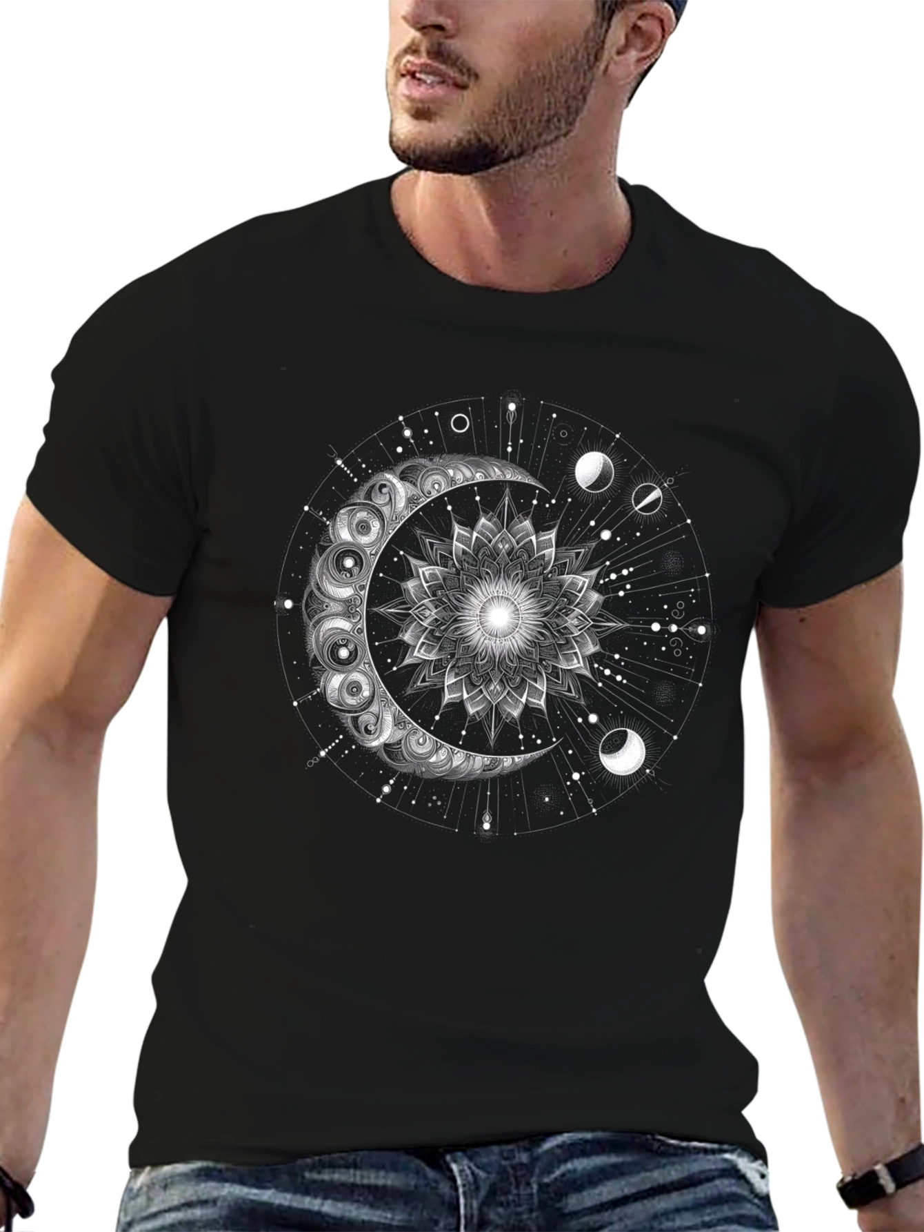 Celestial Moon Mandala Graphic Tee - Black