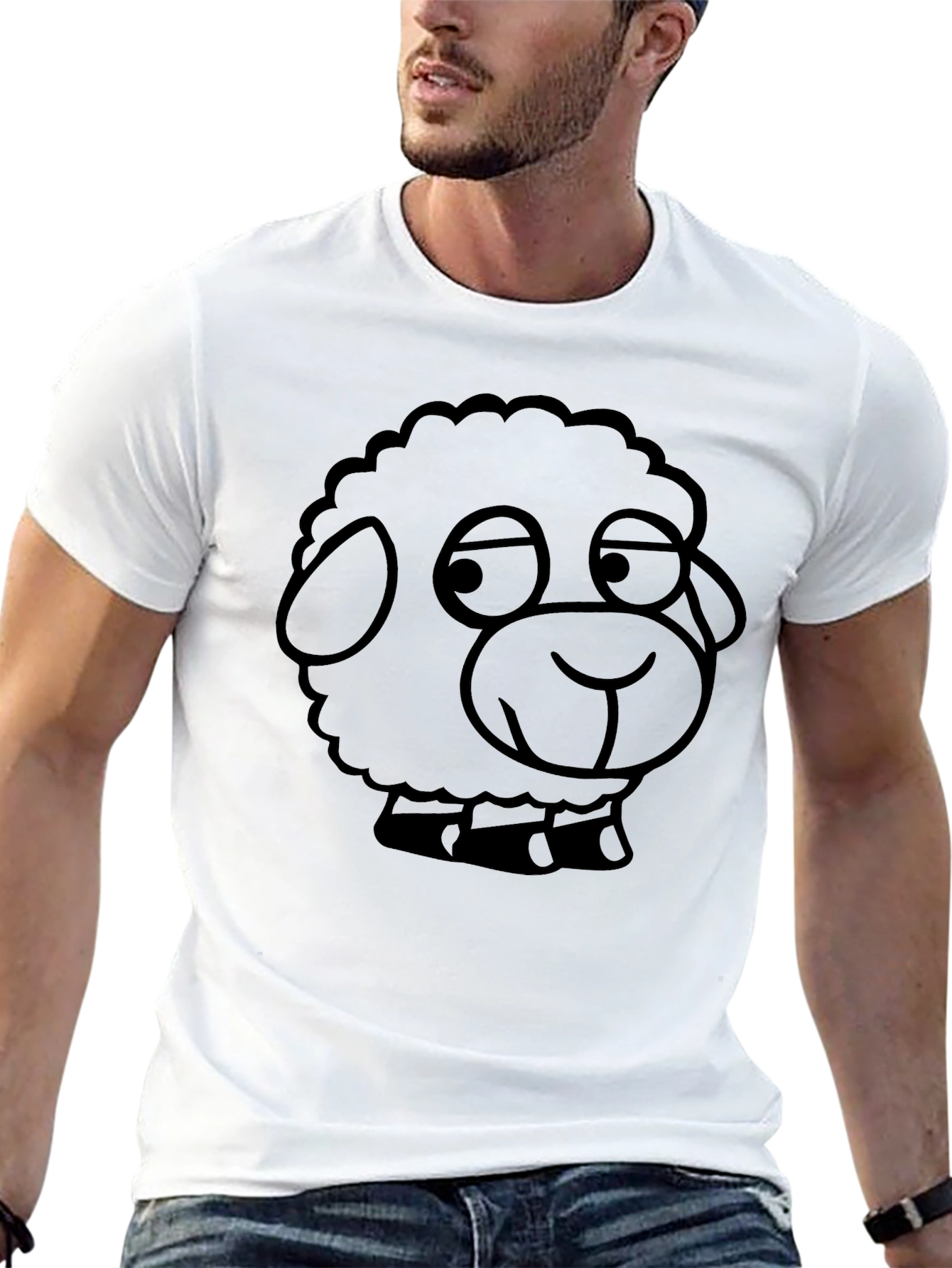 Cartoon Sheep Graphic Tee - Black Cotton Blend