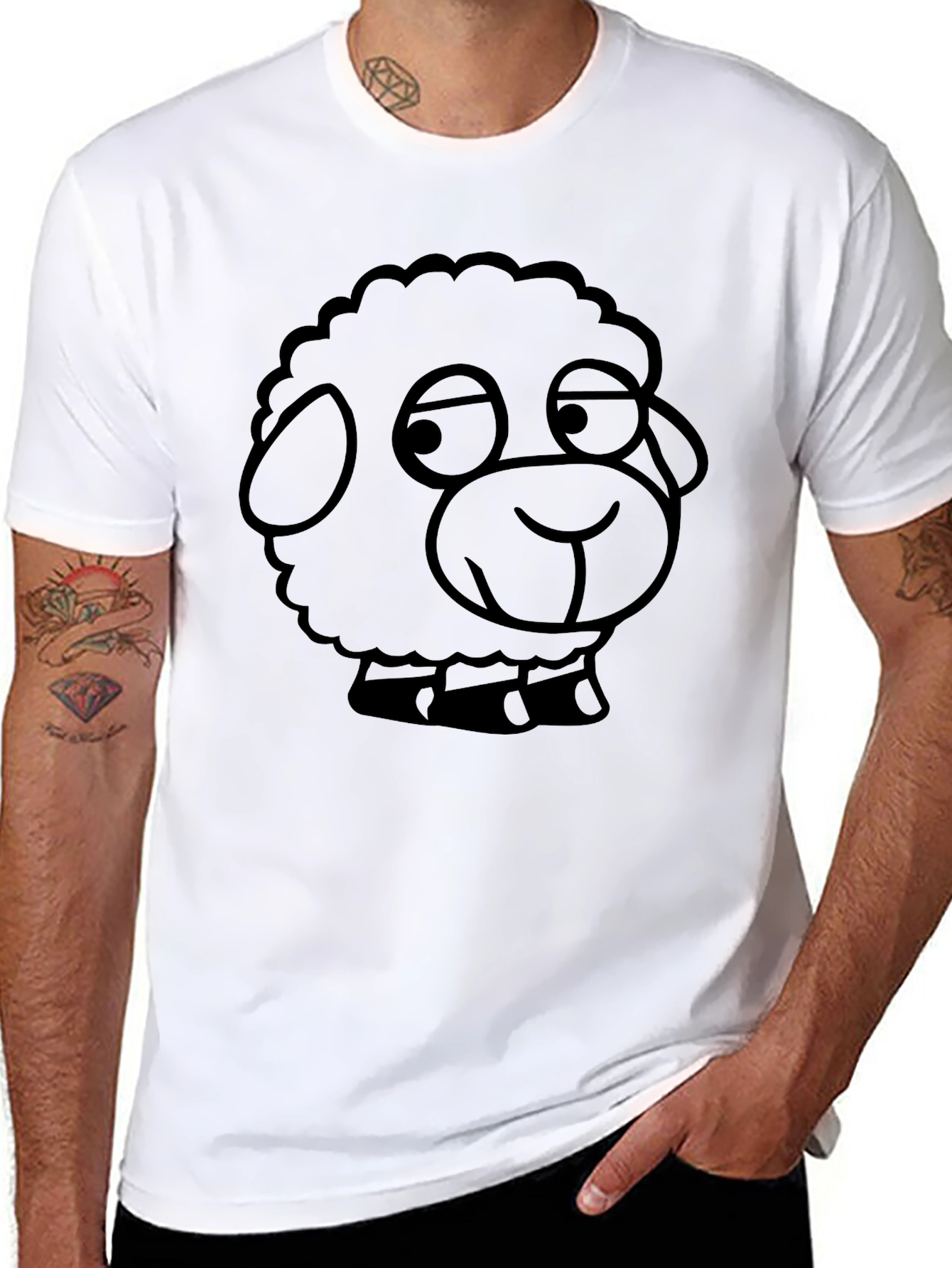 Cartoon Sheep Graphic Tee - Black Cotton Blend