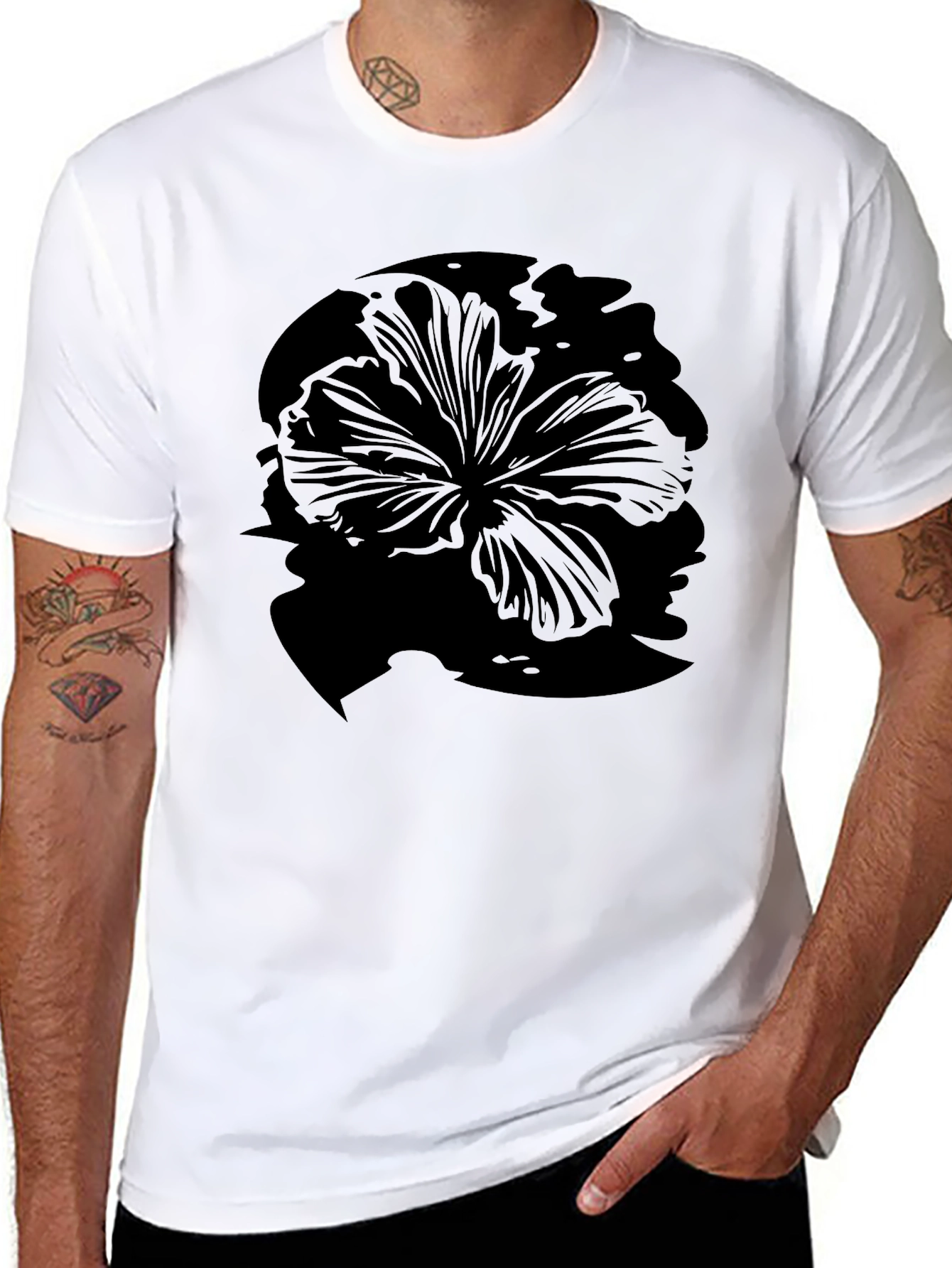 Mens Black Hibiscus Flower Graphic T-Shirt