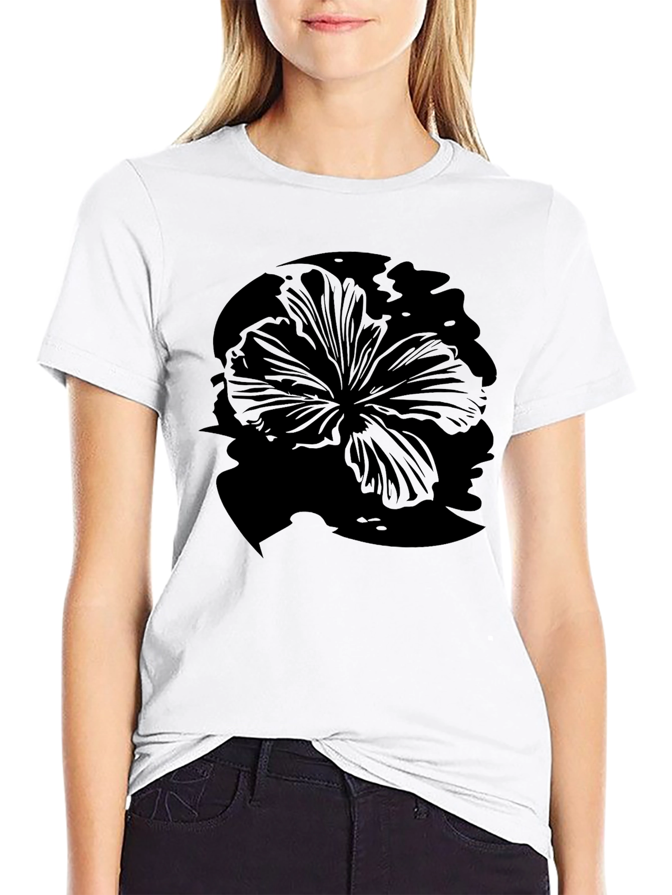 Mens Black Hibiscus Flower Graphic T-Shirt
