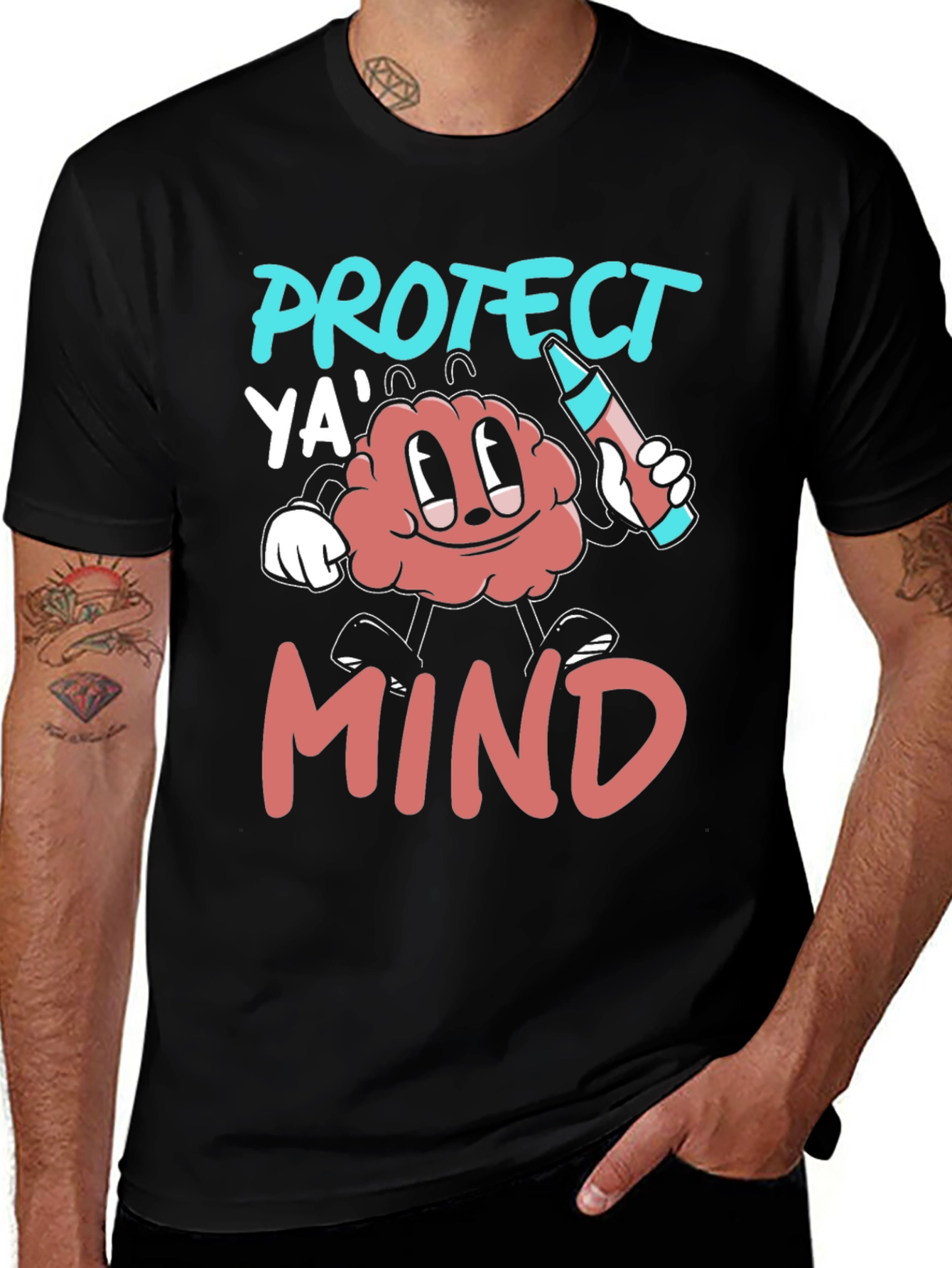 Protect Ya Mind T-Shirt - Cartoon Brain with Crayon