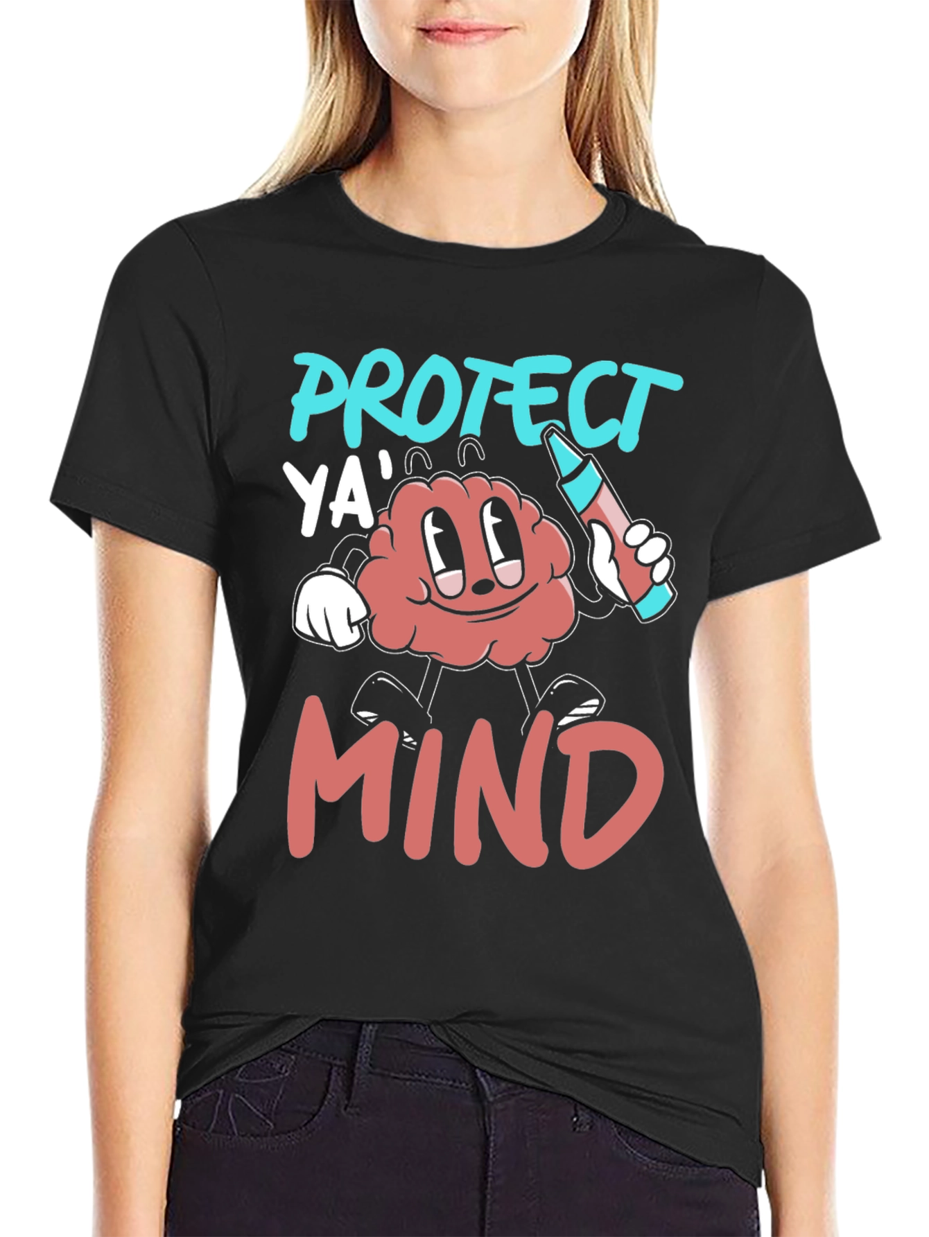 Protect Ya Mind T-Shirt - Cartoon Brain with Crayon
