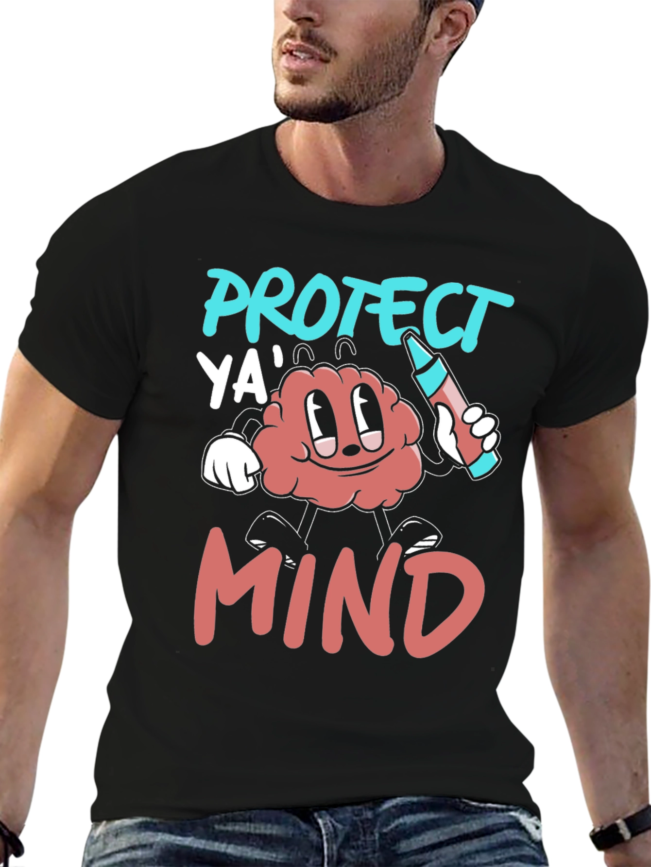 Protect Ya Mind T-Shirt - Cartoon Brain with Crayon