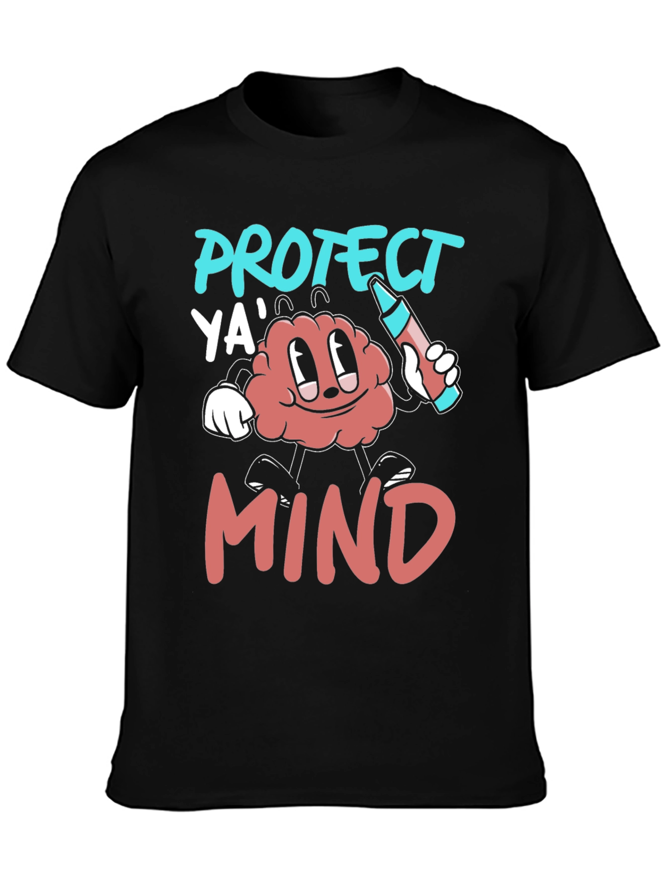 Protect Ya Mind T-Shirt - Cartoon Brain with Crayon