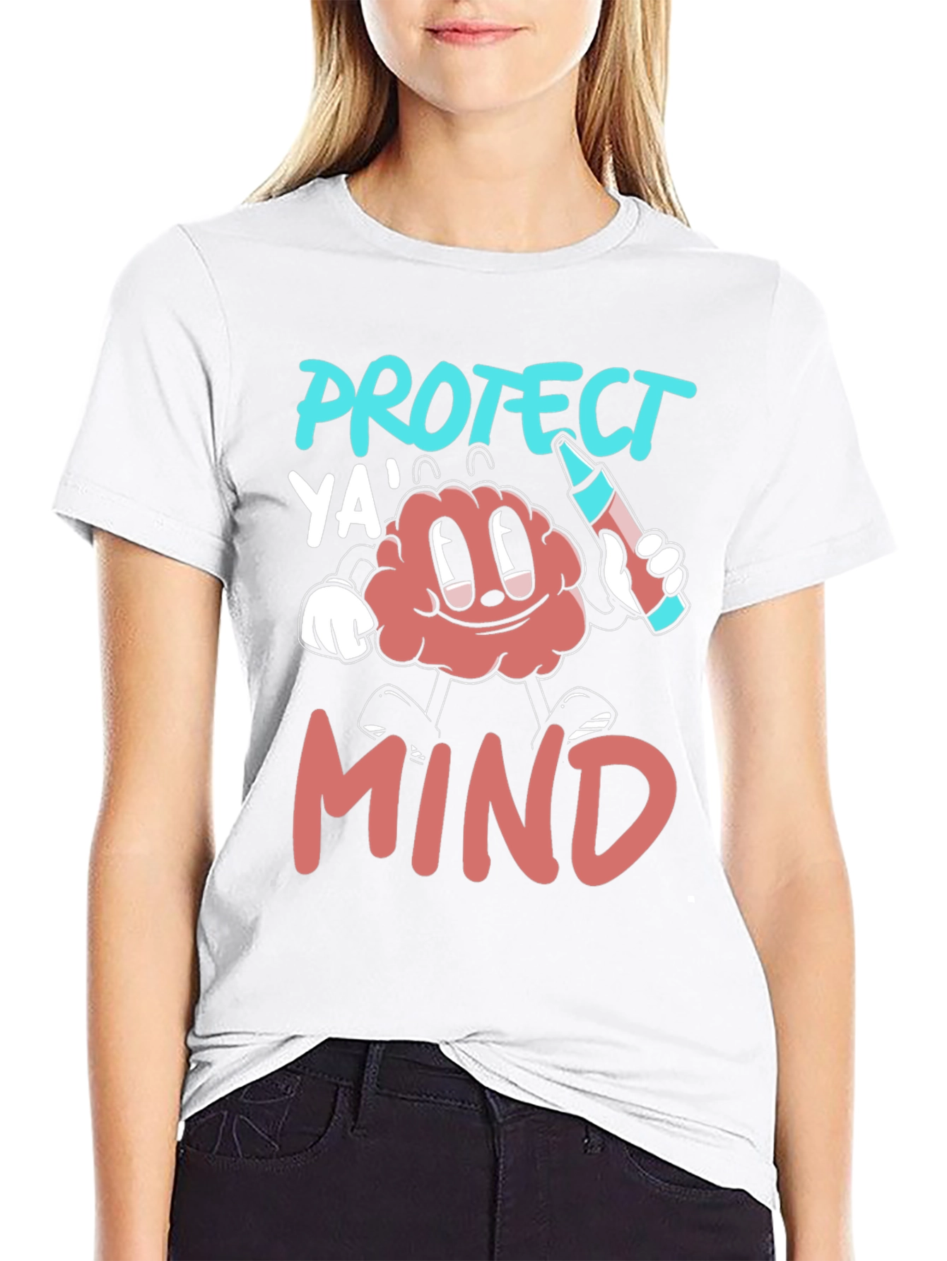 Protect Ya Mind T-Shirt - Cartoon Brain with Crayon