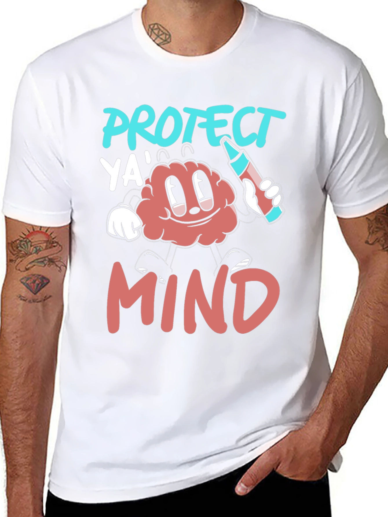 Protect Ya Mind T-Shirt - Cartoon Brain with Crayon