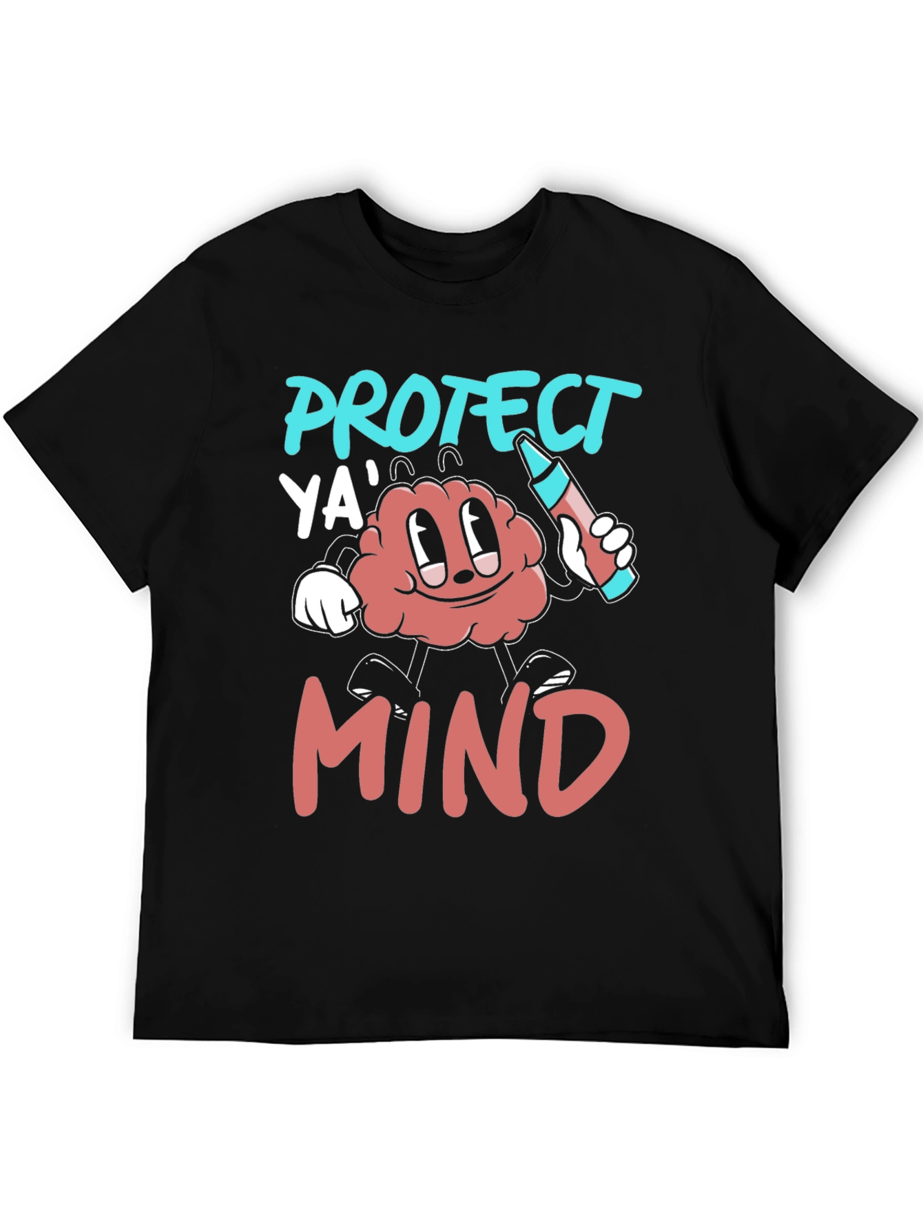Protect Ya Mind T-Shirt - Cartoon Brain with Crayon