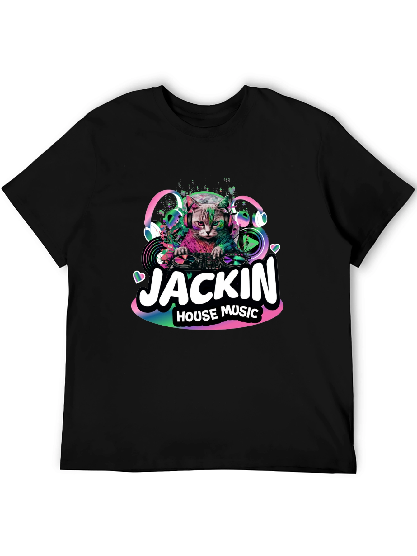Jackin House Music Cat Graphic Black T-Shirt
