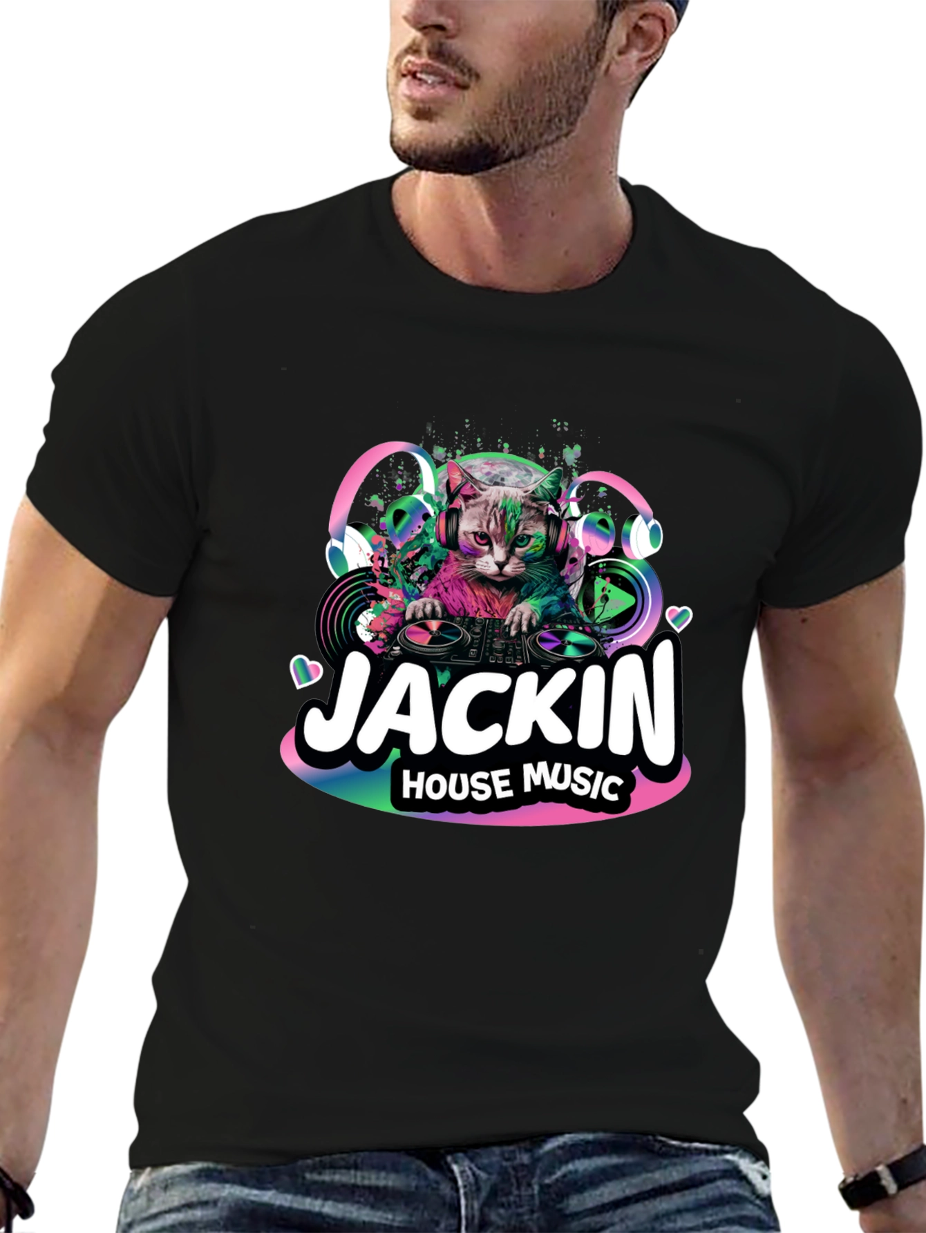 Jackin House Music Cat Graphic Black T-Shirt
